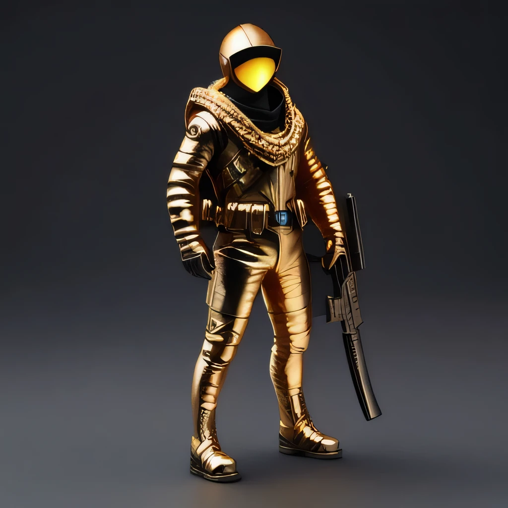 Brilliant Gold Diamond Maya Star，Copper weapons, Burlap Cape Mummy Hood Platinum Silk Cyberpunk Light Crossbow Space Station 1:60 miniatures, illustration, side view, (side view), Wear gold-rimmed reflective sunglasses, Carrying future weapons, very happy, side view, whole body, 3d, (Wood material) octane rendering, perfect appearance, collagen（（（Isometric art）））