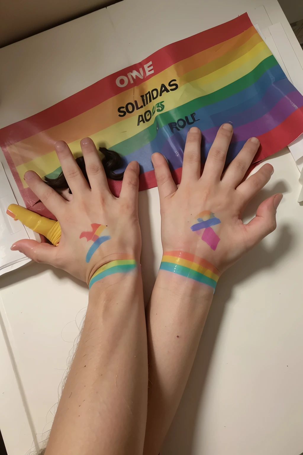 Boceto de manos entrelazadas: Dos manos entrelazadas, one with the colors of the rainbow (LGBTI symbol) y la otra con vendajes o heridas, representando la solidaridad y la lucha contra la violencia.