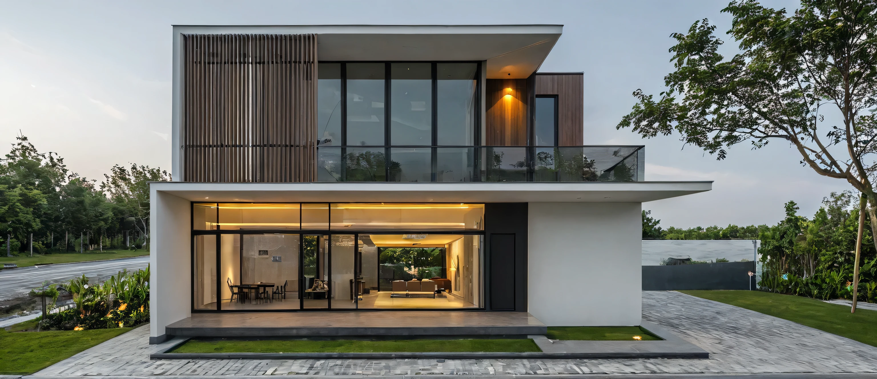 Masterpiece, high quality, best quality, authentic, super detail, outdoors, onestoreyvillaXL, aiaigroup, house style modern on the street ,stairs, white wall ,road,pavement, grass, trees, sky, cloud, (daylight:1.1)