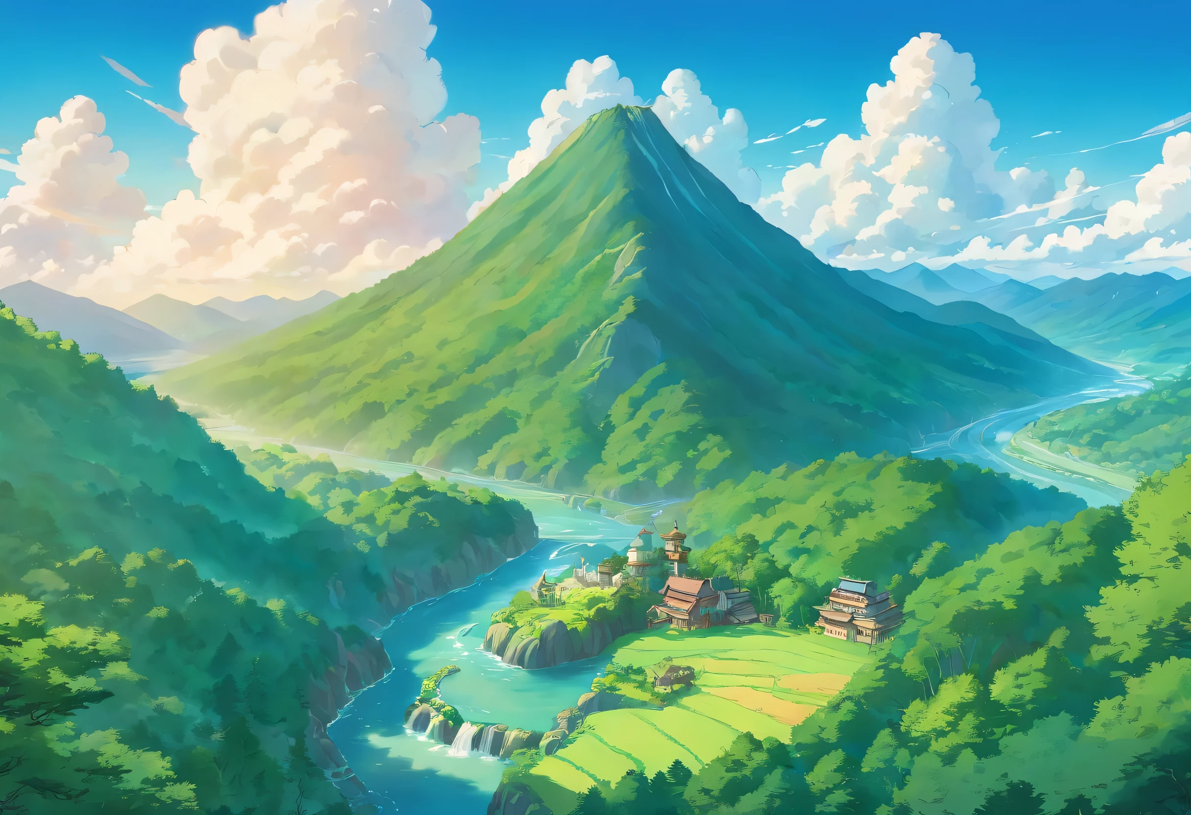 top view,mountains,Sky,forest,rivers