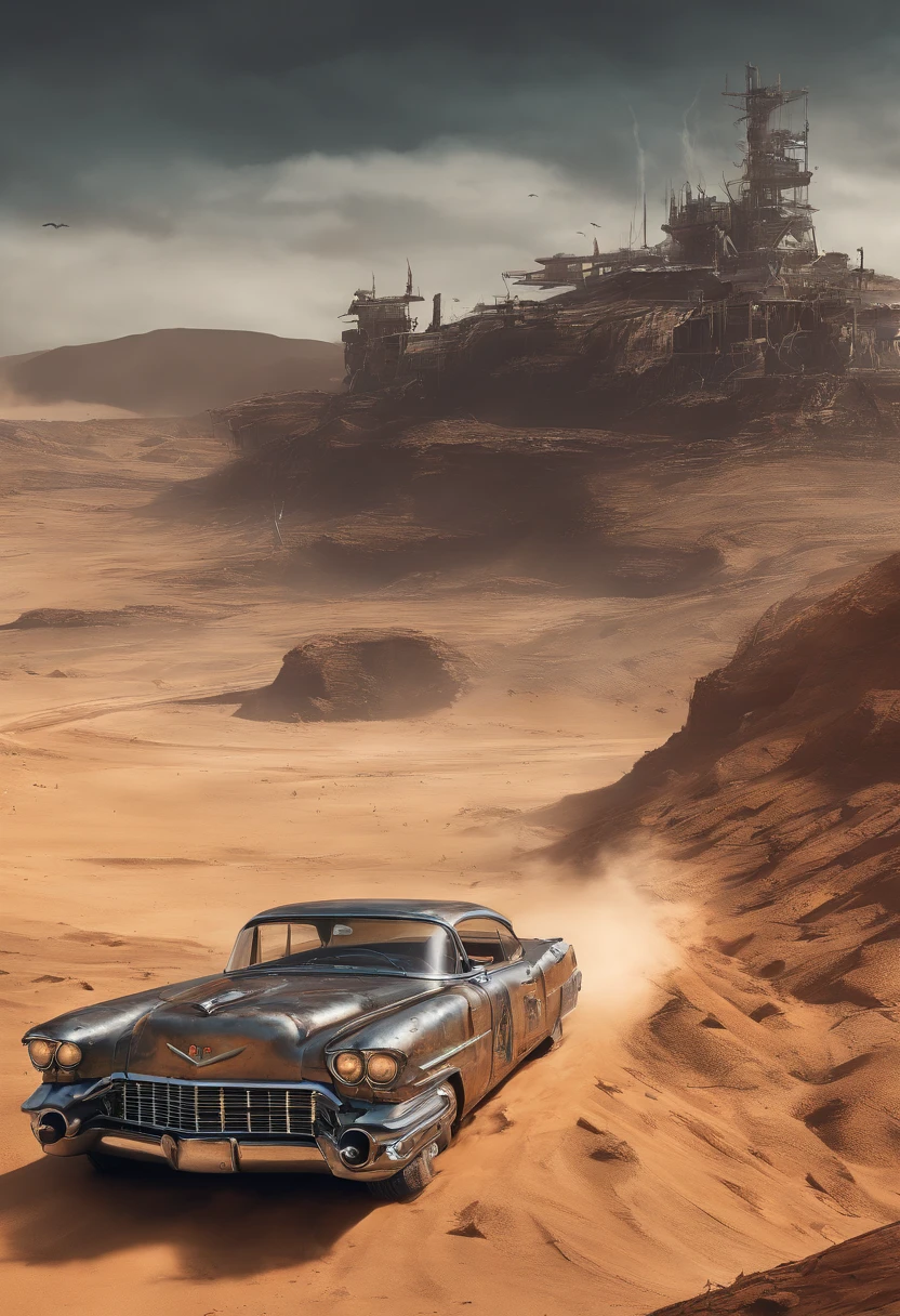 faithful image of an old rusty 1955 cadilac eldorado with spikes and spikes on the hood, military style with modifications, he is running in the sand of the Sahara desert, carro steampunk, dramatic art, estilo de arte dieselpunk, apocalyptic road warrior vibe, a girl with sunglasses is inside the car, arte digital surreal, Mad Max inspirado, heavy metal artwork, simetria da face cromada, arte steampunk digital, It&#39;s not the Mad Max style, metal art, It&#39;s not Filip Hodas&#39; art style, arte digital steampunk, dieselpunk, em um mundo hightech, foto na diagonal