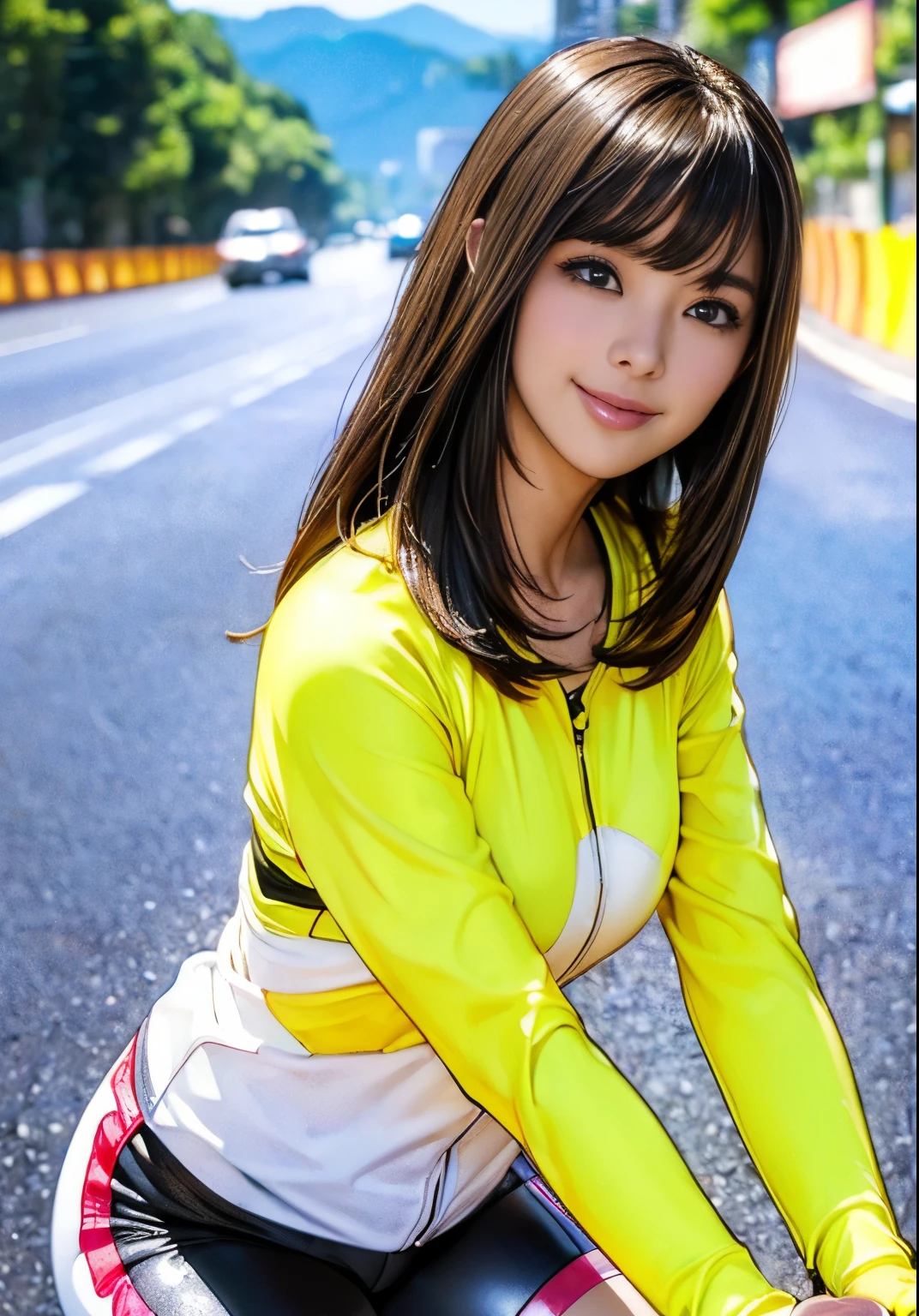 (8K、ultra high resolution、best quality、masterpiece、actual、ultra high resolution:1.2)、HD RAW color photos、Professional photos、 (whole body:0.6)、(actual、photo actual、motion blur:1.37)、(A big smile、Lovely smile)(big breasts、かなりのbig breasts、Always cover all breasts、Toned body:1.2)、((Always colorful and very shiny road bike racing、A beautiful female cyclist,Always ride your bike dynamically in road races.:1.3))(bright colors、vivid lights、Mountainous area、Smooth pedaling action、Rat race、High performance road bike:1.2)(Draw diagonally from below、natural skin texture、delicate skin、Surrealism、intricate details、written border depth、adult women、big breasts、long hair、(masterpiece、best quality、high detail))、smile happily、beautiful brunette、big eyes、clear double eyelids、eyelash、please let me see your ears、perfect face、beautiful bangs、beautiful bangs、Small face、helmet(look at the audience、Eye highlights、lip gloss、black short bob)