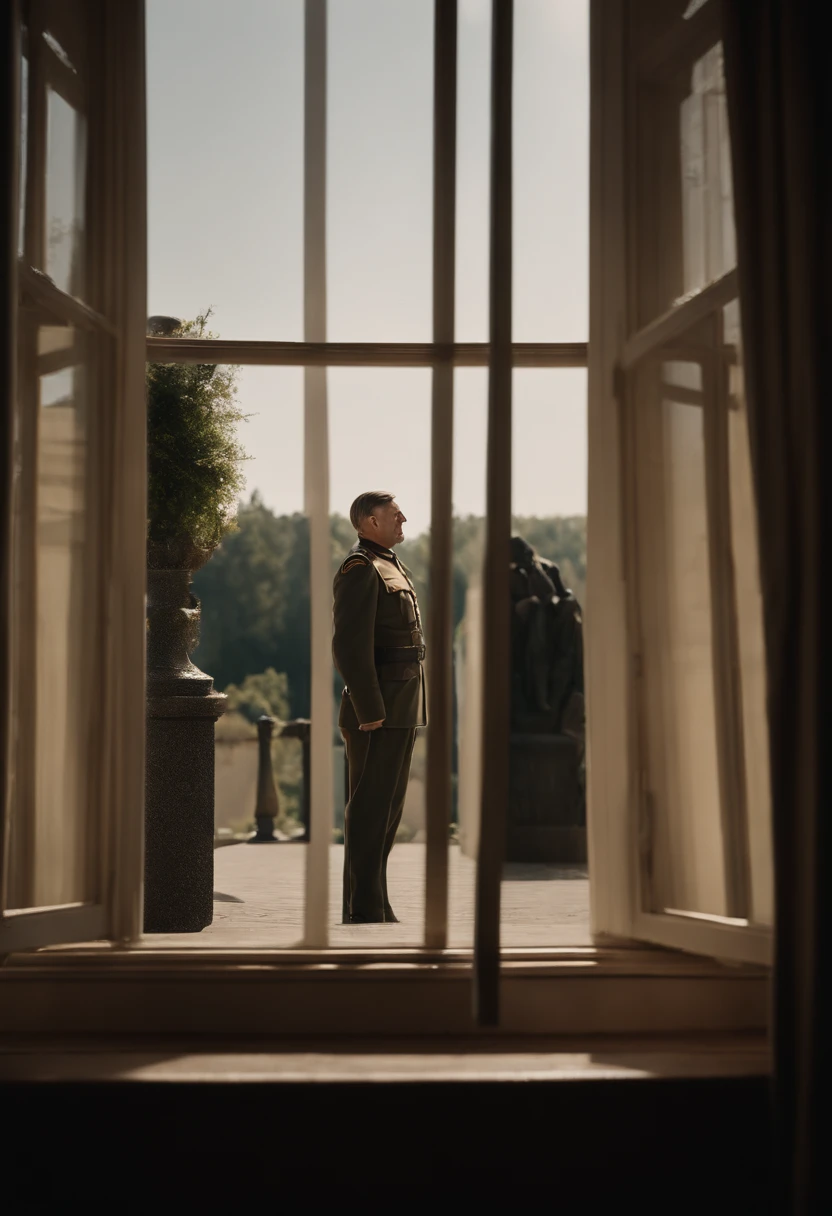 Depict Hitler staring out a window, gazing longingly at the Academy building in the distance, symbolizing his unfulfilled artistic aspirations, intrincate details, master part, hyper realistic , disco Rigido , 8k, com o fundo com simbolo nazista