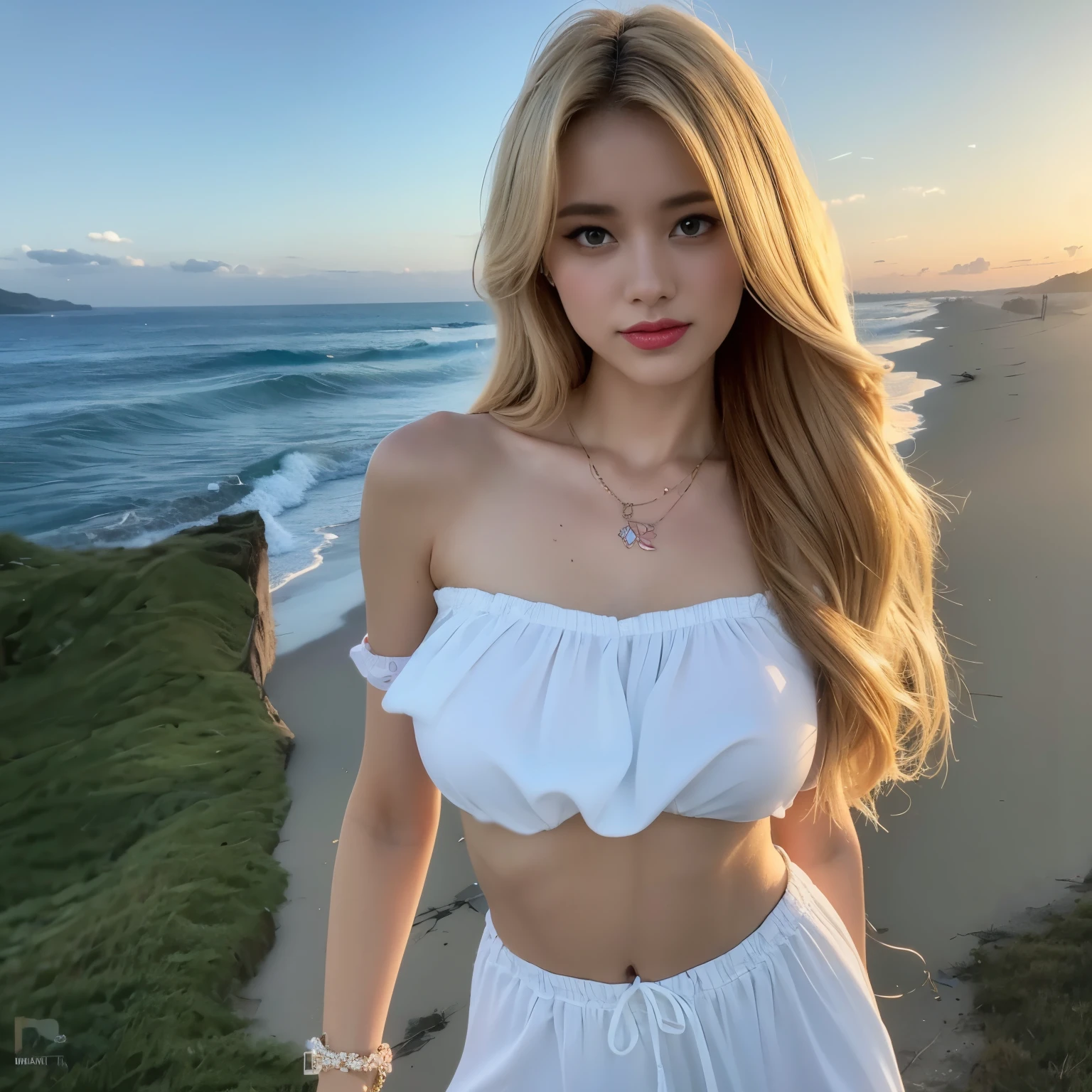1girl in, age19, Solo, Long hair, Colossal tits, Looking at Viewer, blondehair, Bare shoulders, Brown eyes, jewely, Full body, a necklace, off shoulders, Transparent White Blouse,sexy smile, Ultra Realistic, A sexy photo taken with a iPhone 14 Pro on the beach