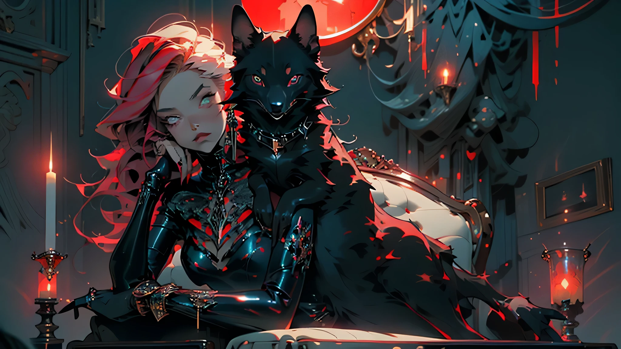 ((best quality)), ((masterpiece)), (detailed), perfect face，A woman in latex and high heels sits on the sofa with her black dog. The art has a red light, gothic style, anime aesthetic with a dark background and red color scheme. It is a full body shot with fantasy realism, detailed , skin, facial features and eyes. The camera angle is low.