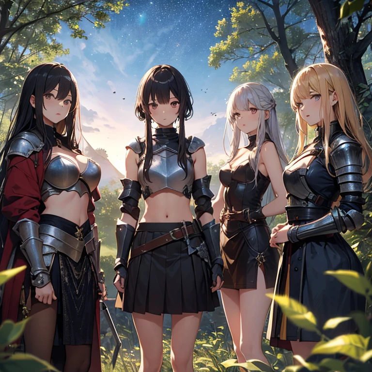 A group of young female knight, (in forest), various hair styles, harem, wearing armored clothes, metal armor, night, details face, , short skirt, seducing, sword, sleeveless , midriff, night, starry night 