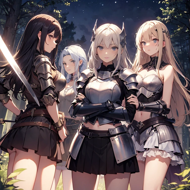 A group of young female knight, (in forest), various hair styles, harem, wearing armored clothes, metal armor, night, details face, , short skirt, seducing, sword, sleeveless , midriff, night, starry night 