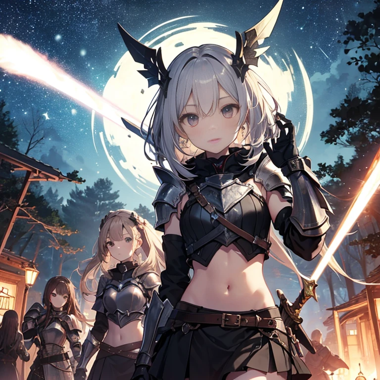 A group of young female knight, (in forest), various hair styles, harem, wearing armored clothes, metal armor, night, details face, , short skirt, seducing, sword, sleeveless , midriff, night, starry night 