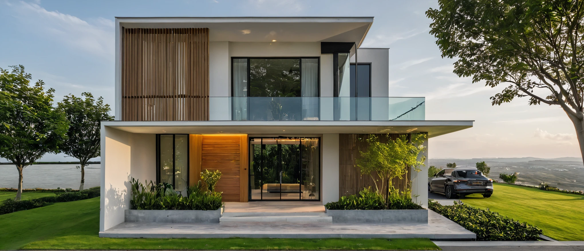 Masterpiece, high quality, best quality, authentic, super detail, outdoors, onestoreyvillaXL, aiaigroup, house style modern on the street ,stairs, white wall ,road,pavement, grass, trees, sky, cloud, (daylight:1.1)