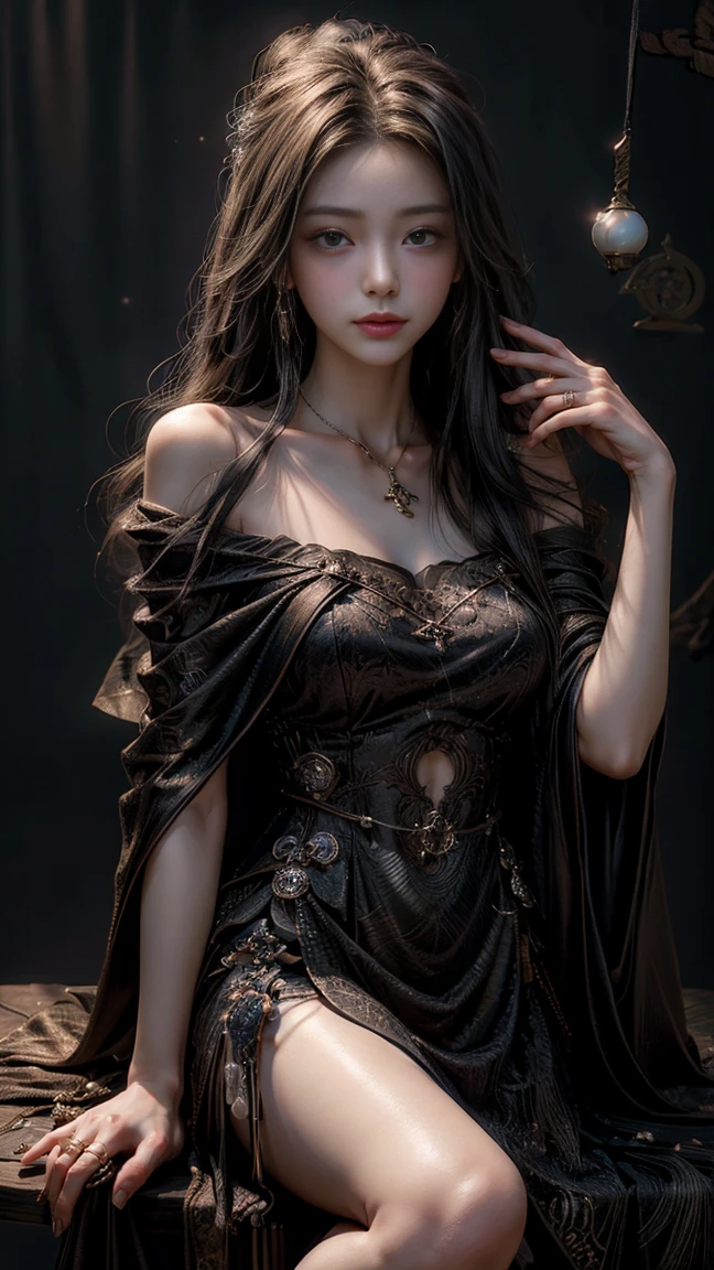 ((masterpiece, best quality, Highest image quality, High resolution, lifelike, original photo, 8K)), tarot cards, tolkien, middle earth, ((桌上摆着tarot cards:1.5)), (Veiled fortune teller:1.5), 8K, Very detailed, surreal, movie lighting, ambient lighting, Bridget, as a fortune teller, long, messy blonde hair, earring, collar, necklace, jewelry, ring, dark lipstick, dark makeup, Island, Sit in the back! one张桌子, one! Celestial objects on the fortune teller&#39;s table, one! skull on table, Candle, 在one个黑暗的中世纪小房间里, 