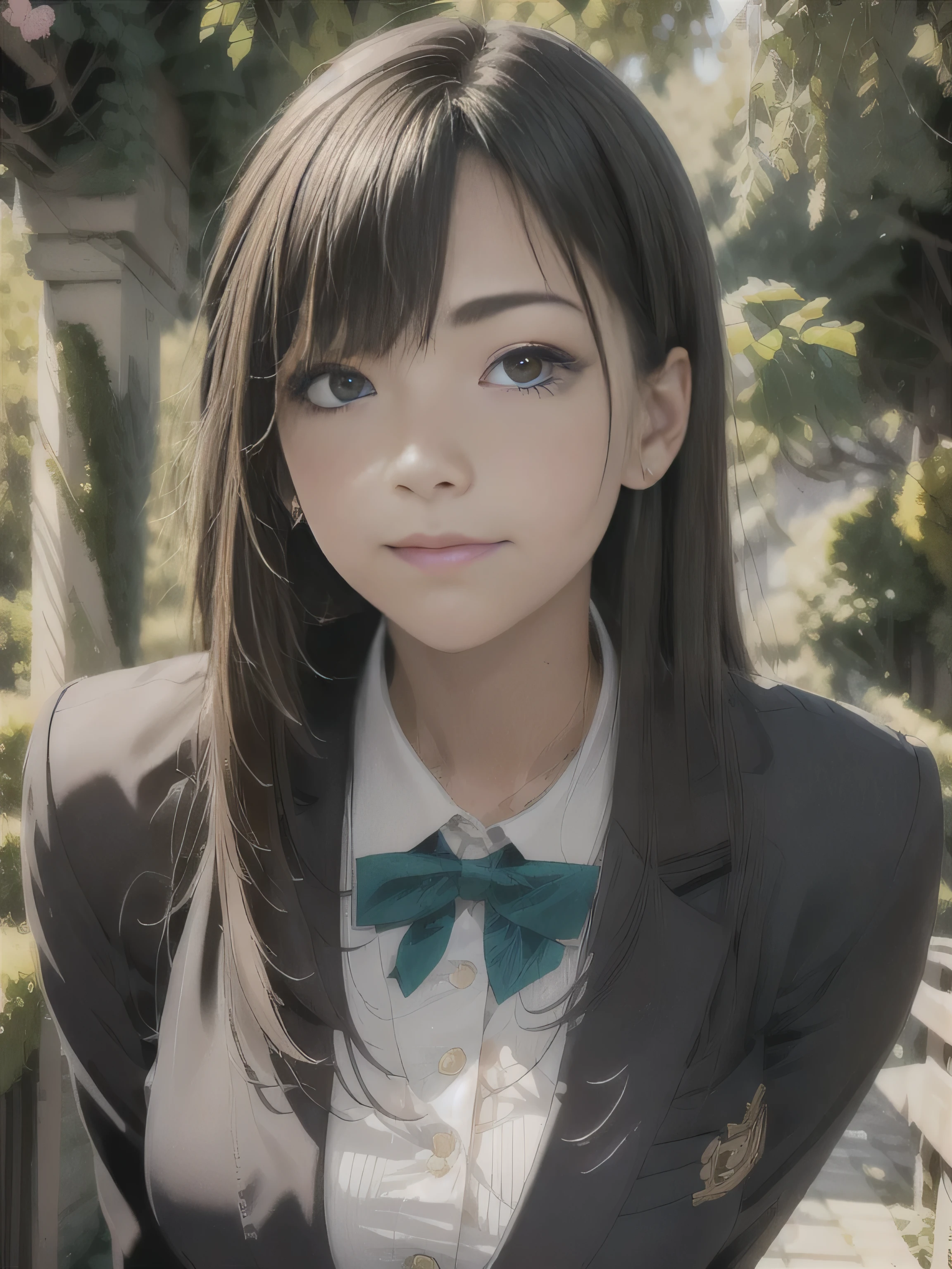 highest quality、Close-up of a Japanese high school girl wearing a blazer uniform , princess cut, black princess cut hair, white hime cut hairstyle, she has black hair With bangs, neat hair With bangs, Black-haired Sui Ishida, Chiho, Ilya Kubshinov with long hair, japanese teen portrait, seifuku, Marin Kitagawa, With bangs、16 years old、Reiyo Matsumoto、cute girl、gentle smile、japanese idol