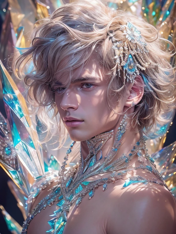 (realistic, Masterpiece, best quality, height, Highly detailed), Handsome young man poses nude surrounded by crystal, The identity of the crystal as a human, 18 year old male, bright colors, realistic light, SPARKLING REFLECTION, Bright and radiant skin, Chisel body, intense stare, striking features, Well-defined jaws, messy hair, Confident and relaxed posture, artistic elements, Elegant and elegant gestures, Fascinating and mesmerizing expression, The man's body is covered with delicate and complex crystals., Create a mesmerizing and ethereal effect., Impeccable attention to detail, Flawless surface rendering, The perfect combination of realism and fantasy, Incredible depth and dimensions, The difference that attracts attention between the smoothness of men's skin and the texture of the crystals, The combination of the human shape with the crystal that surrounds it seamlessly, Causes a sense of elegance, beauty, and mystery, A powerful symbol of purity and strength, embodied by the elements of the crystal., Expertly applied shadows and highlights to enhance the three-dimensional quality of the image., Expertly using colors to create a dream-like atmosphere, Delicate and delicate light and shadow, Create beautiful, spectacular and emotional scenes, Exquisite workmanship and skillful execution, capturing the essence of both the human form and the ethereal beauty of crystals, Create an impressive and memorable viewing experience.