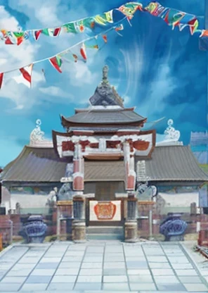 There is a photo of a building with a flag flying., temple background, a temple, hidetaka tenjin, buddhist temple, temple, japanese temple, feudal japanese setting, japanese temples, matoko shinkai, temple fair, Works inspired by Gusukukuma Seiho, Cyberpunk Gunma Prefecture, shrine, in front of a temple