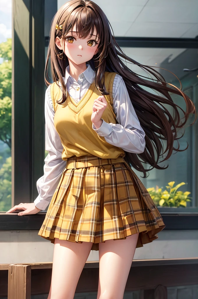 (masterpiece, highest quality:1.2), 1 girl, alone,Are standing_Split, 
food yuuki, brown eyes, brown hair, hair ornaments,long hair,green plaid skirt, Sainan High , , white shirt, Yellow sweater vest,No panties


