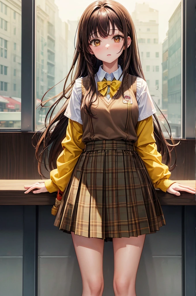 (masterpiece, Highest quality:1.2), One girl, alone,Are standing_Split, 
Yuki mandarin orange, Brown eyes, Brown Hair, hair ornaments,Long Hair,Green Check Skirt, Sainan High , , White shirt, Yellow sweater vest,No panties

