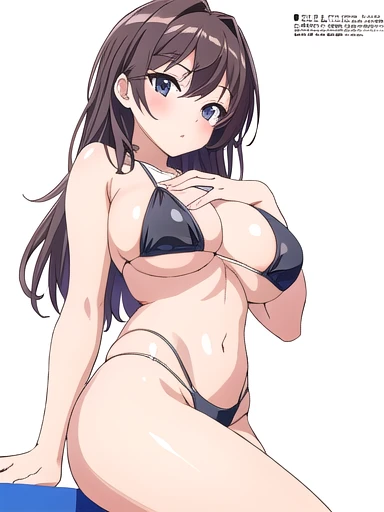 masterpiece, best quality, solo, random pose, sexy pose, seductive pose, ((white background)), hand on own chest, black micro bikini, dutch angle, thong, magazine text, from below, sitting,
