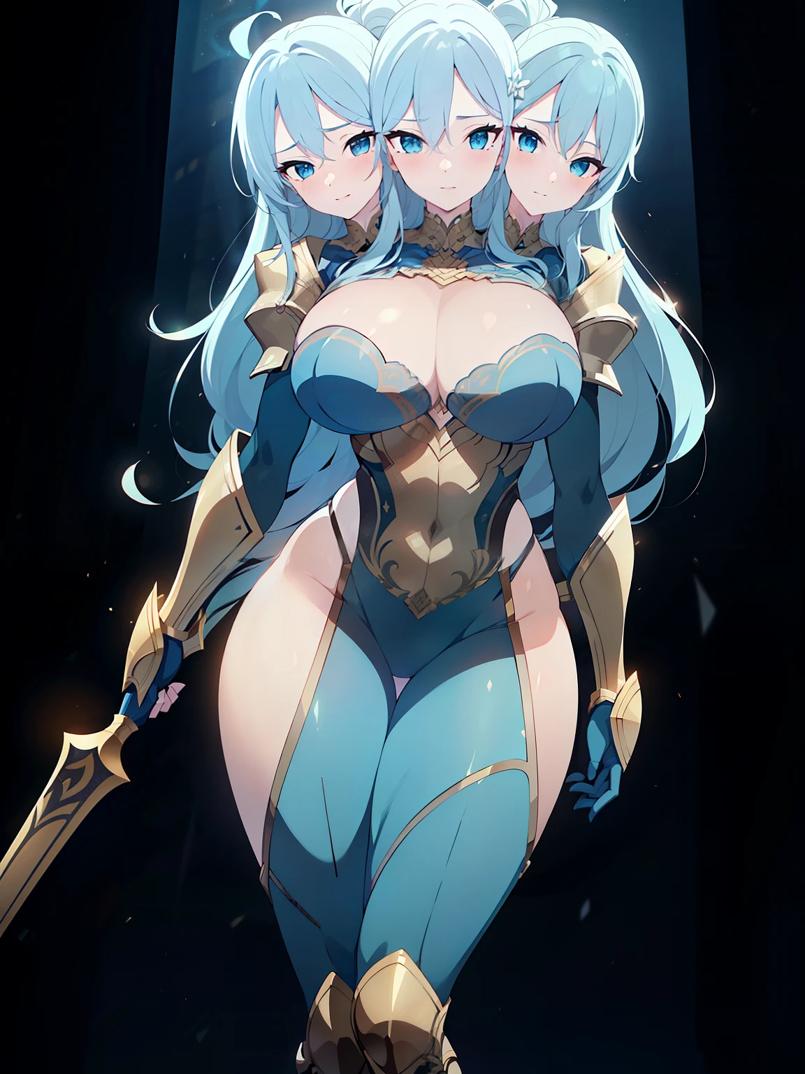 (masterpiece),(ultra-detailed), (high quality), (high resolution), (best quality:1.5, highres, UHD), highres, absurdo, ultra detail, ultra quality, ((3heads:1.5)), 1girl, (long hair), ((white hair)), (glowing blue eyes), cleavage, thighs, (blue armor), female warrior, insignia, (fully armored), (white outfit), armored breasts, armored chest piece, gorgeous female knight, Guild Clothes with Armor, ((mature woman)), seductive silhouette, smooth and lustrous skin, sexy proportions, slim legs, ((beautifully tall and slim woman)), Rio beach, gentle smile