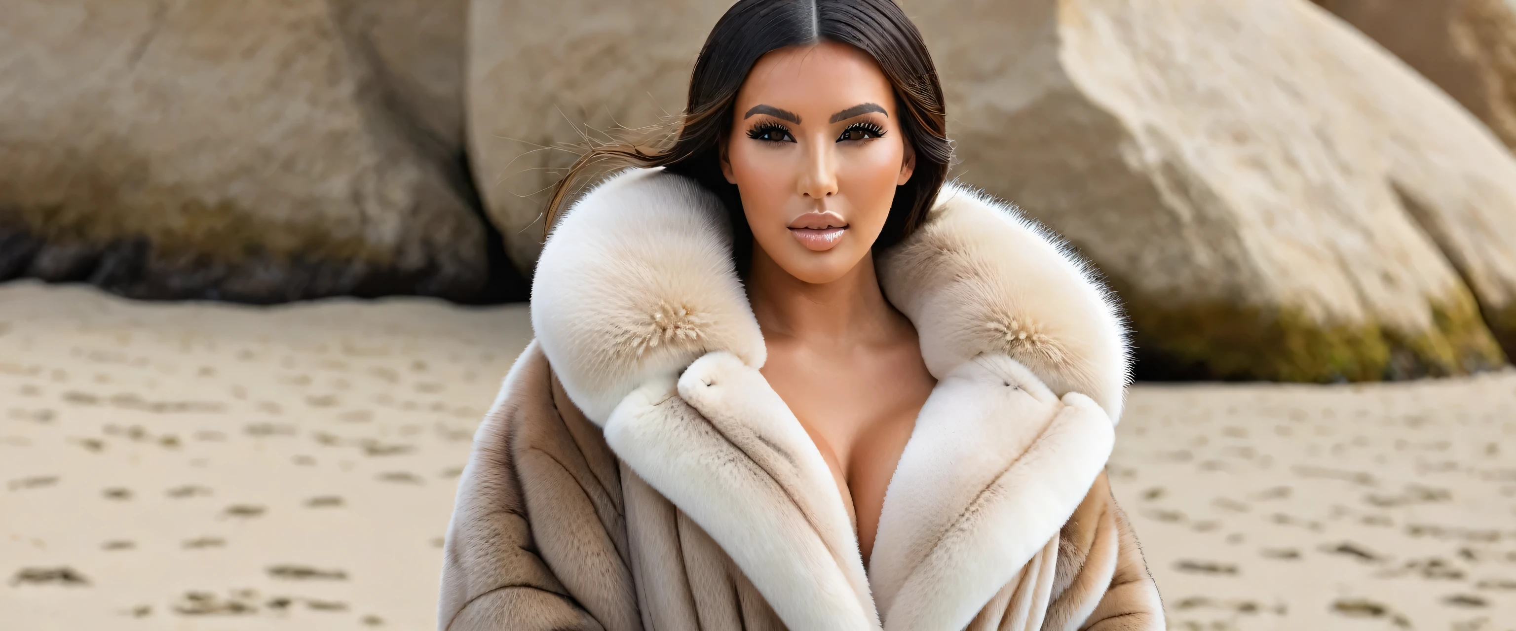 A very wide and very thick, very long sand mink fur coat, fifty centimeters thick, duveteux, naturel, with an ultra thick white and sand mink fur collar, three layers, sur Kim Kardashian, fully nude front view, bare shoulders, and two large breast discovered by the fur, at sunny Pebble Beach Concours d'Elegance , en haute résolution de la plus high quality、,Photo 8K HDR), Realistic texture, realistic shadows, (dynamic subdued lighting), (centered within the framework), (Very detailed:1.2), Fond d&#39;8k screen, high quality, grain de film, Fujifilm XT3, (Very detailed skin), ((gaping and :1.3)), dark bun, messy hair, , 