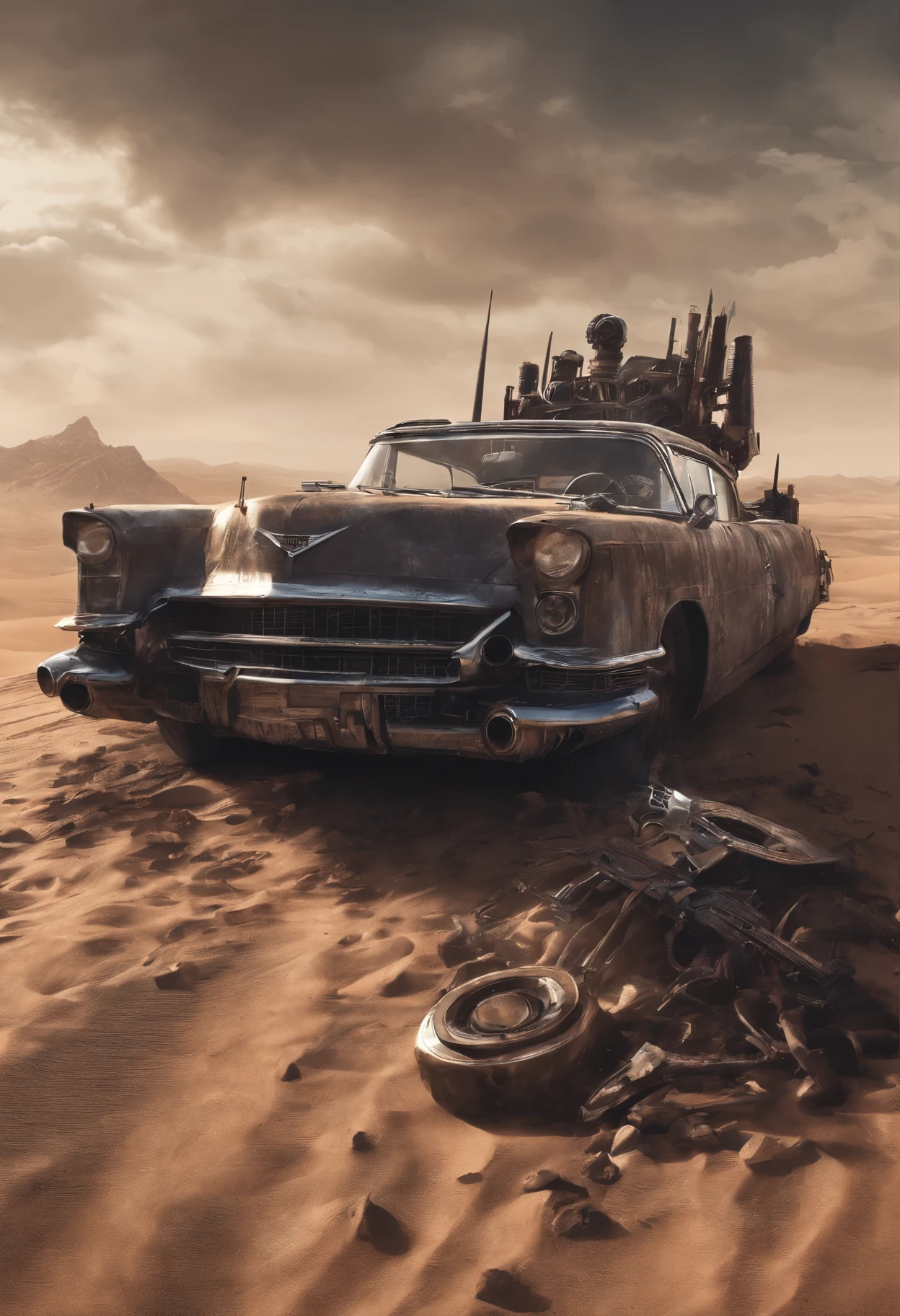 faithful image of an old rusty 1955 cadilac eldorado with spikes and spikes on the hood, military style with modifications, he is running in the sand of the Sahara desert, carro steampunk, dramatic art, estilo de arte dieselpunk, apocalyptic road warrior vibe, a girl with sunglasses is inside the car, arte digital surreal, Mad Max inspirado, heavy metal artwork, simetria da face cromada, arte steampunk digital, It&#39;s not the Mad Max style, metal art, It&#39;s not Filip Hodas&#39; art style, arte digital steampunk, dieselpunk, em um mundo hightech, foto na diagonal