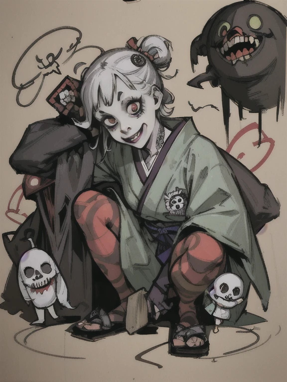 ((Hardcore Punk Girl))、((British punk rock girl)), ((circus)), ((squat with legs apart)), scribble, nightmare, doll-like face, cartoon style, rough sketch, Horror elements, (masterpiece), (High resolution), (super delicate), (clear), Comic book style illustrations, (drawing style), (Horror elements), Japanese painting, full body, ghost, angle, (snap shot), bugaboo, that'terrible, (Spooky), Japanese carving, primitive art, circus, crazy illustration, flat illustration, Blissful smile, Spookyな外観, Distinctive messy hairstyle, creative accessories, Unique atmosphere、(pastel)、