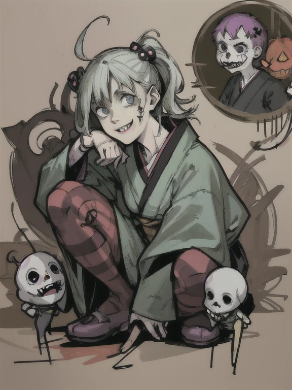 ((Hardcore Punk Girl))、((British punk rock girl)), ((circus)), ((squat with legs apart)), scribble, nightmare, doll-like face, cartoon style, rough sketch, Horror elements, (masterpiece), (High resolution), (super delicate), (clear), Comic book style illustrations, (drawing style), (Horror elements), Japanese painting, full body, ghost, angle, (snap shot), bugaboo, that'terrible, (Spooky), Japanese carving, primitive art, circus, crazy illustration, flat illustration, Blissful smile, Spookyな外観, Distinctive messy hairstyle, creative accessories, Unique atmosphere、(pastel)、