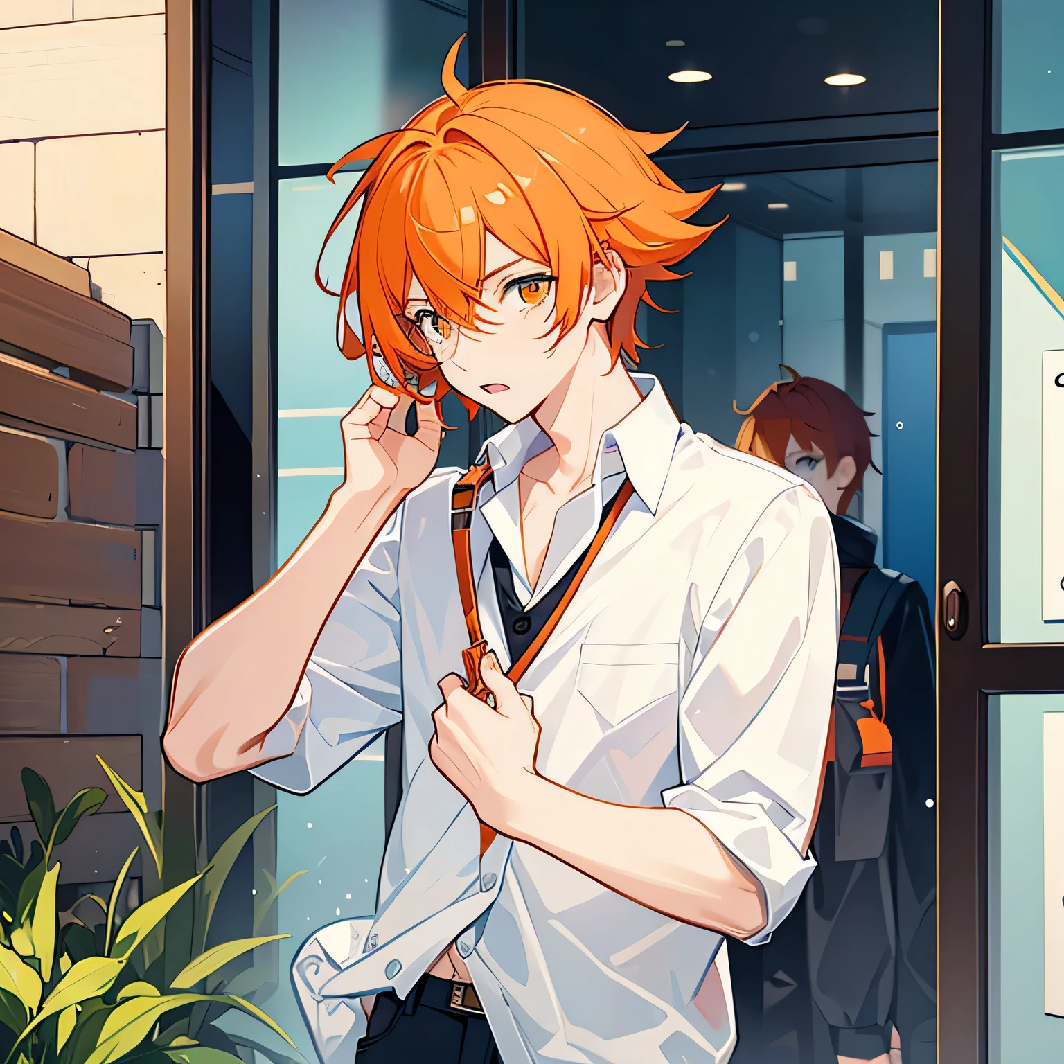 A 17-year-old boy with extremely short orange hair in a preppy style frowns in fear of breaking out in a cold sweat