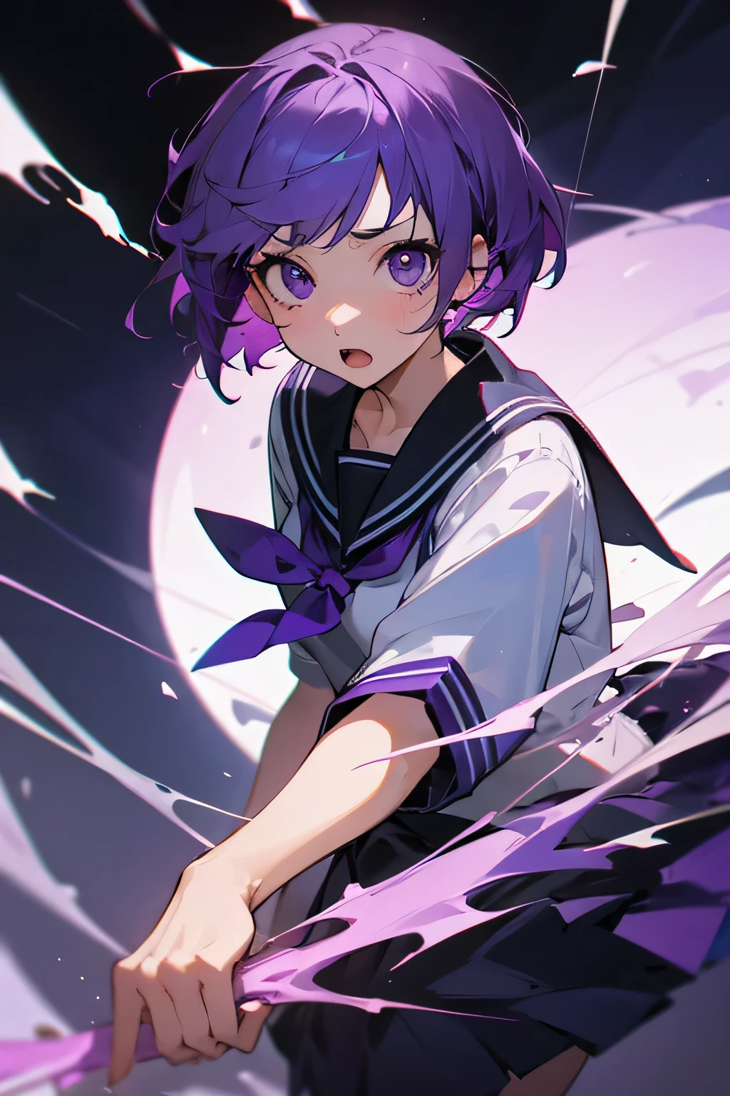 Please play the role of a girl with short purple hair and purple eyes wearing a sailor suit with a surprised expression.