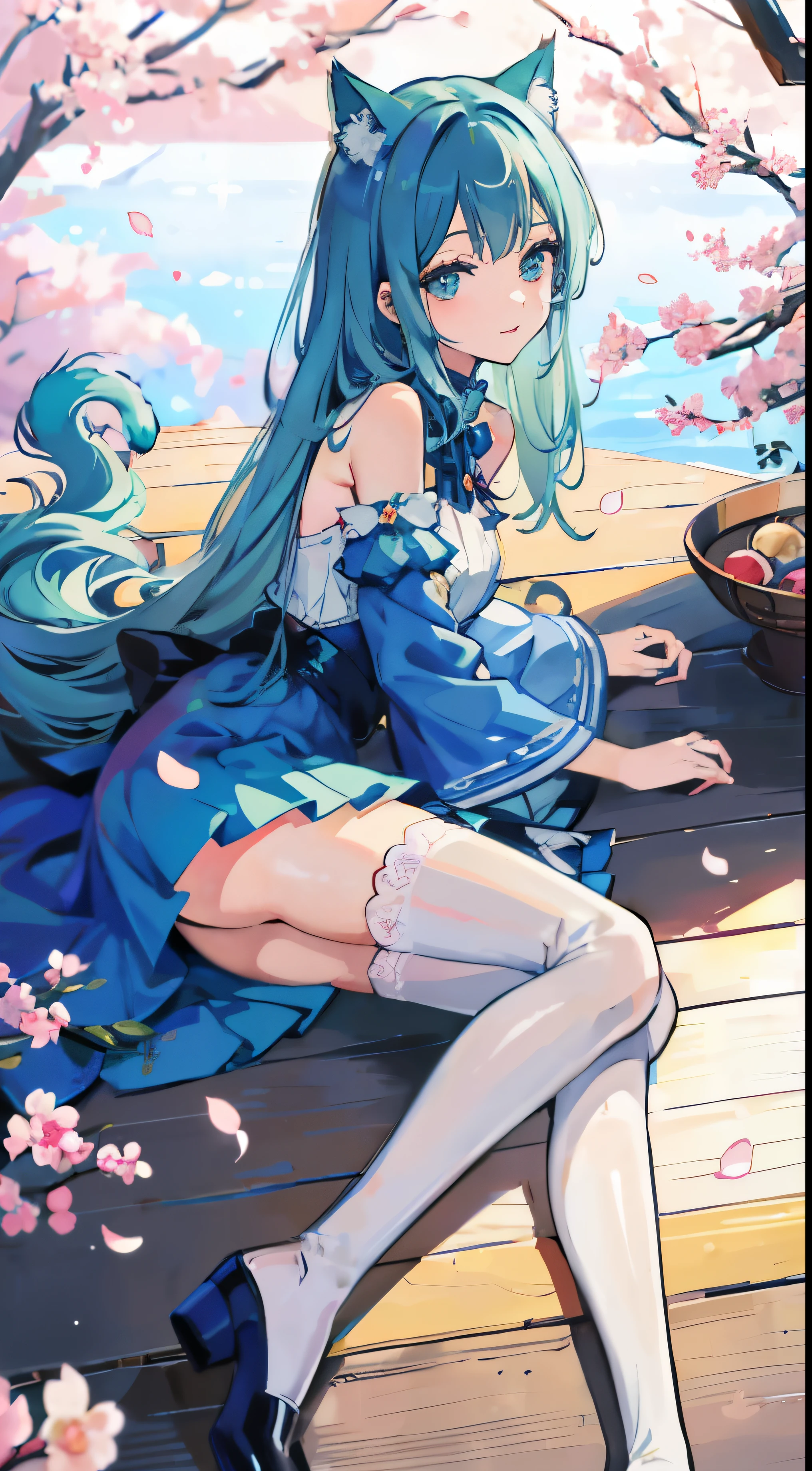 ((table top, highest quality: 1.1), ((Anime girl in a blue dress with a magic wand)), art nouveau、Anime cat girl in maid outfit, , ((Green hairs))、long haired person、((Eyes that shine like jewels, long eyelashes, and transparency))、Very Beautiful Anime Neko Musume, anime cat girl, ((white knee highs)), charming cat girl, Cherry blossom viewing under the cherry trees,lying down、私nspired by Leiko 私kemura, Aya Takano color style, in ryuuou no oshigoto art style, ((Cat ear)), smile