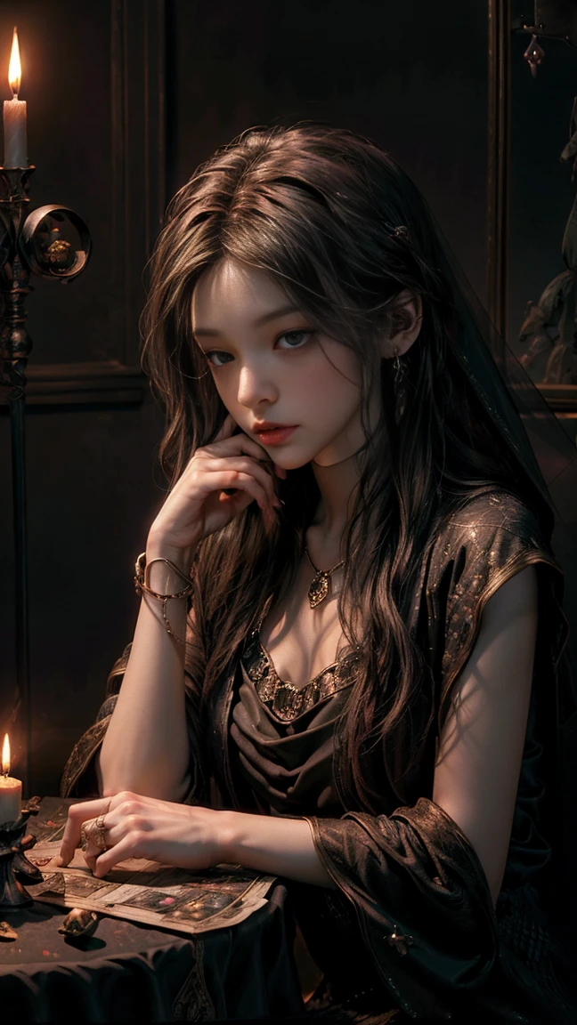 ((masterpiece, best quality, Highest image quality, High resolution, lifelike, original photo, 8K)), tarot cards, tolkien, middle earth, ((There are tarot cards on the table:1.5)), (Veiled fortune teller:1.5), 8K, Very detailed, surreal, movie lighting, ambient lighting, Bridget, as a fortune teller, long, messy blonde hair, earring, collar, necklace, jewelry, ring, dark lipstick, dark makeup, Island, Sit in the back! one table, one! Celestial objects on the fortune teller's table, one! skull on table, Candle, In a dark medieval room,