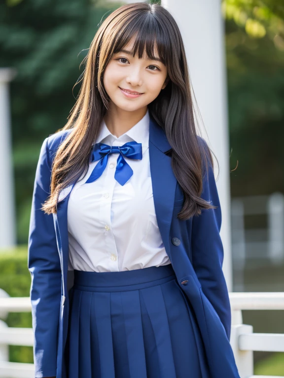 ((masterpiece)), 8K, highest quality, 1 girl, alone, beautiful face, gentle expression, genuine, cute, dark blue skirt, Dark blue ribbon, navy blue blazer uniform, (Japanese high school girl), smile, ((turn around and look at the camera)), long hair, normal breasts, full body shot,