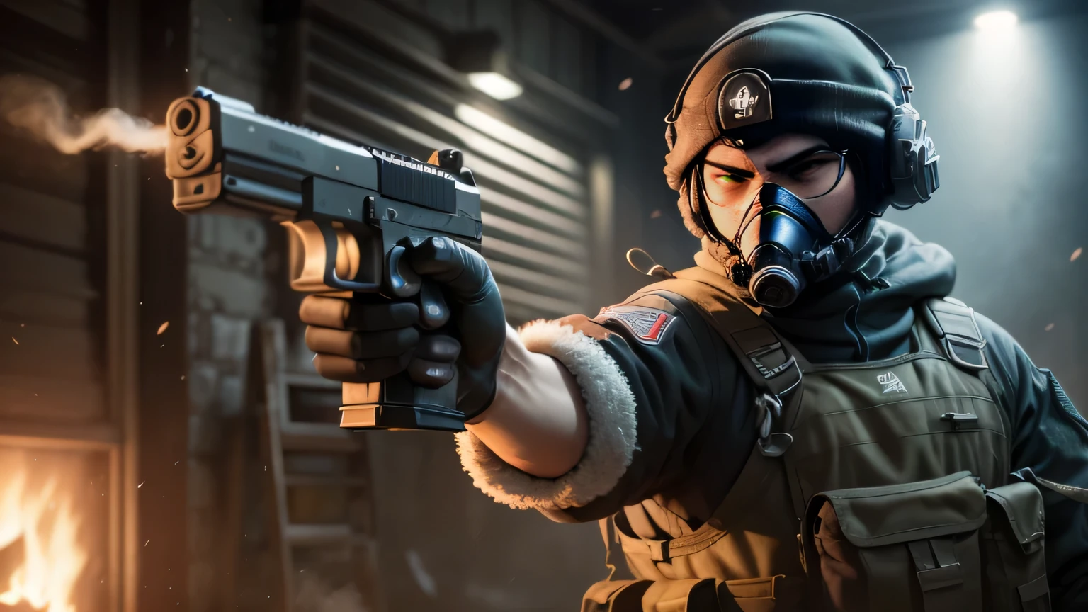 arafed soldier with a gun in a dark room, rb 6 s, rb6s, cs:go screenshot, rb6s), fps shooter game, counter strike, fps game, masterpice, a soldier aiming a gun, no mask, a man face with beard, cigarette in mount, muzzle flash, warzone background, 4k post, 4 k post, hq 4k wallpaper