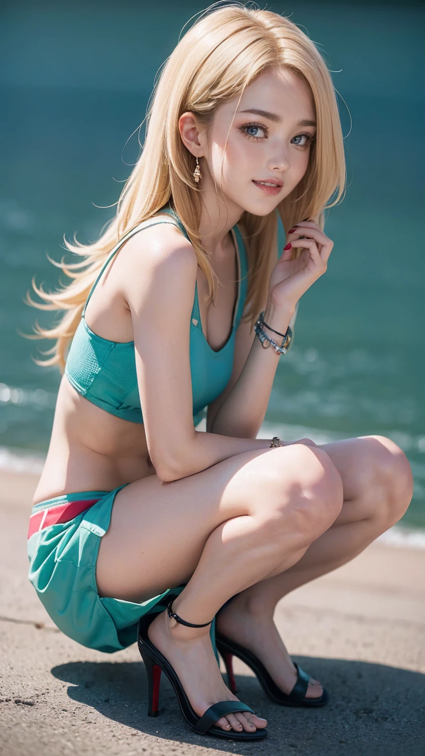 blonde hair, gradient hair, hair over shoulder, hair behind ear, longeyelashes, light smile, Surrealism, depth of field, atmospheric perspective, foreshortening, UHD, anatomically correct, highres, 16k、A 22-year-old extremely beautiful white woman、Her hair color is platinum blonde、blue eyeedium hair、straight hair、The hair is shiny、The skin is lustrous、smile、Slender but well-proportioned muscular body、Athlete-like body type、I don't want my head to disappear from the screen.、Wearing accessories on your wrist、Wearing red nail polish、I have a peticure、Gradient color hairstyle ((gradient hair))
、long hair ((long hair))、Wear an off-the-shoulder bodycon outfit、wear stiletto heels、pastel green background、smile((smile))