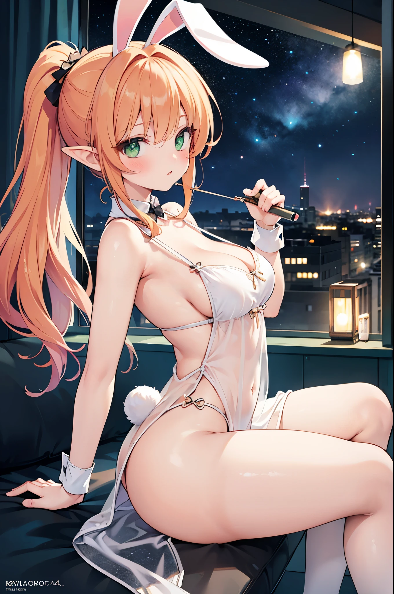 Realistic image, detailed image, coherent image. 1 beautiful elf. dressed in a transparent nightgown. She has long, curly orange hair, styled in a ponytail. Green eyes with long eyelashes. Sensual expression. She has rabbit ears and tail. She has a curvy body, medium breasts, thick thighs. She is sitting cross-legged. She is in a penthouse on a starry night. View from above. Arching her back. Soft focus, Dramatic shadows, Volumetric lighting, natural lighting. ISO:100, F1.4, --equals 2