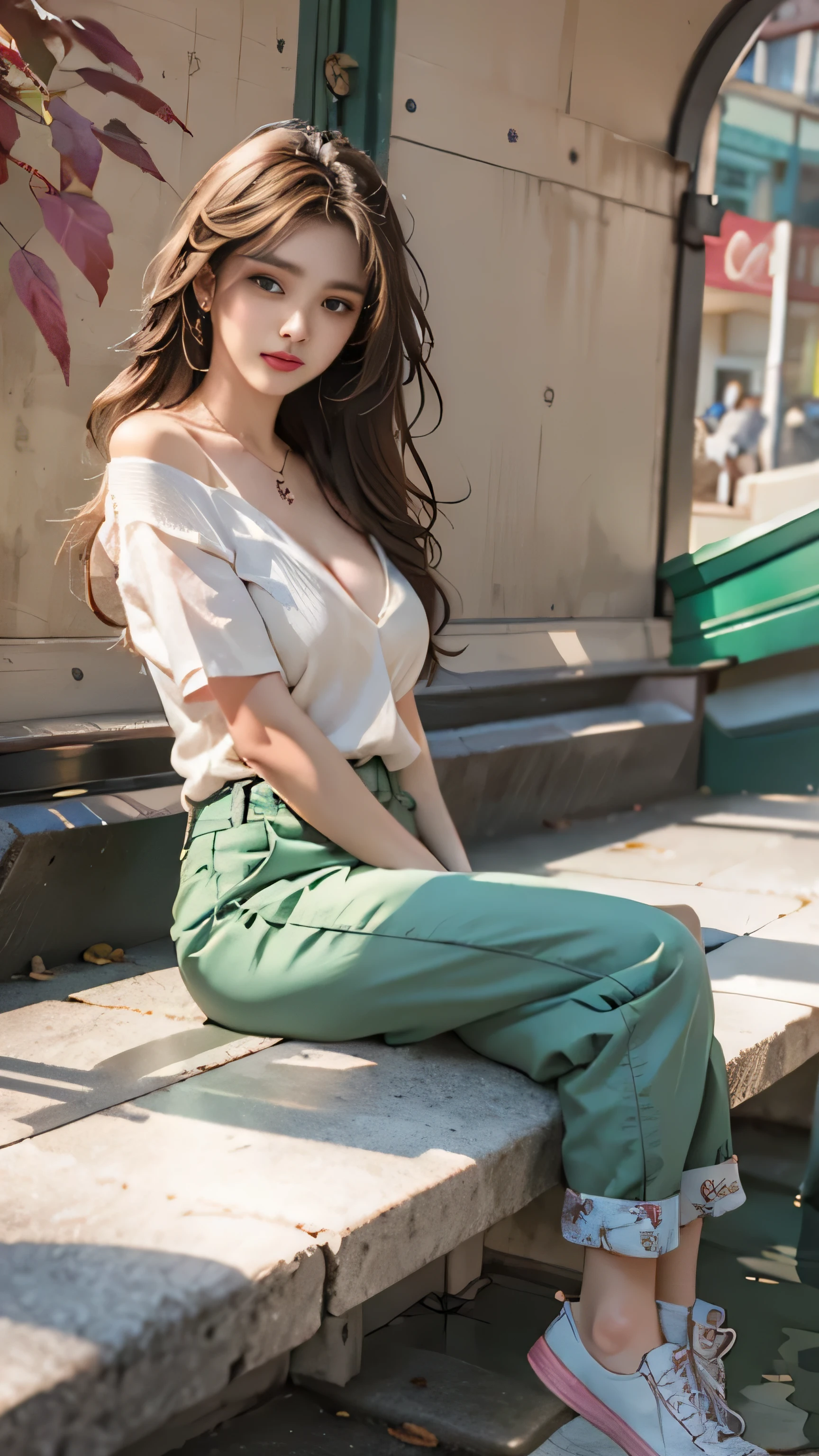 (A woman sitting on a bench)realistic, High resolution, soft light,1 female, alone,(Rear view)、(look back)、 hip up, (detailed face), jewelry, streetwear, beauty model, Eyes that invite the viewer, Spouse&#39;perspective, attractive appearance, sexy smile, perfect style, perfect balance, fine skin, naughty look, I can see your breasts、long legs