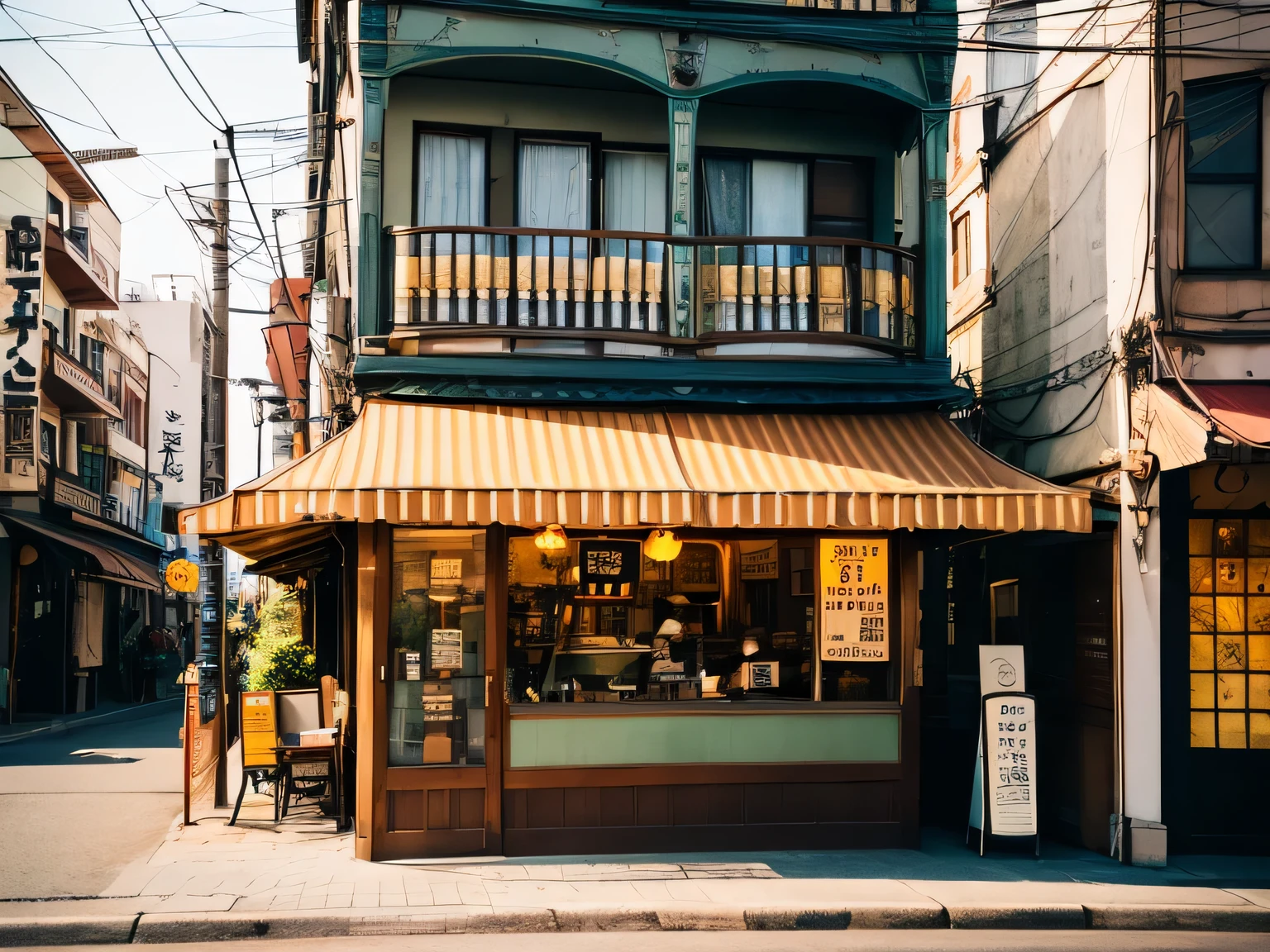 showa retro,coffee shop,Brown Cafe,empty street, 誰も in sight,golden hour,modern,downtown,background,signboard,menu,Old-fashioned,nostalgic,ancient folk house,front,Candy,Established,parlor,Pure Cafe,exterior