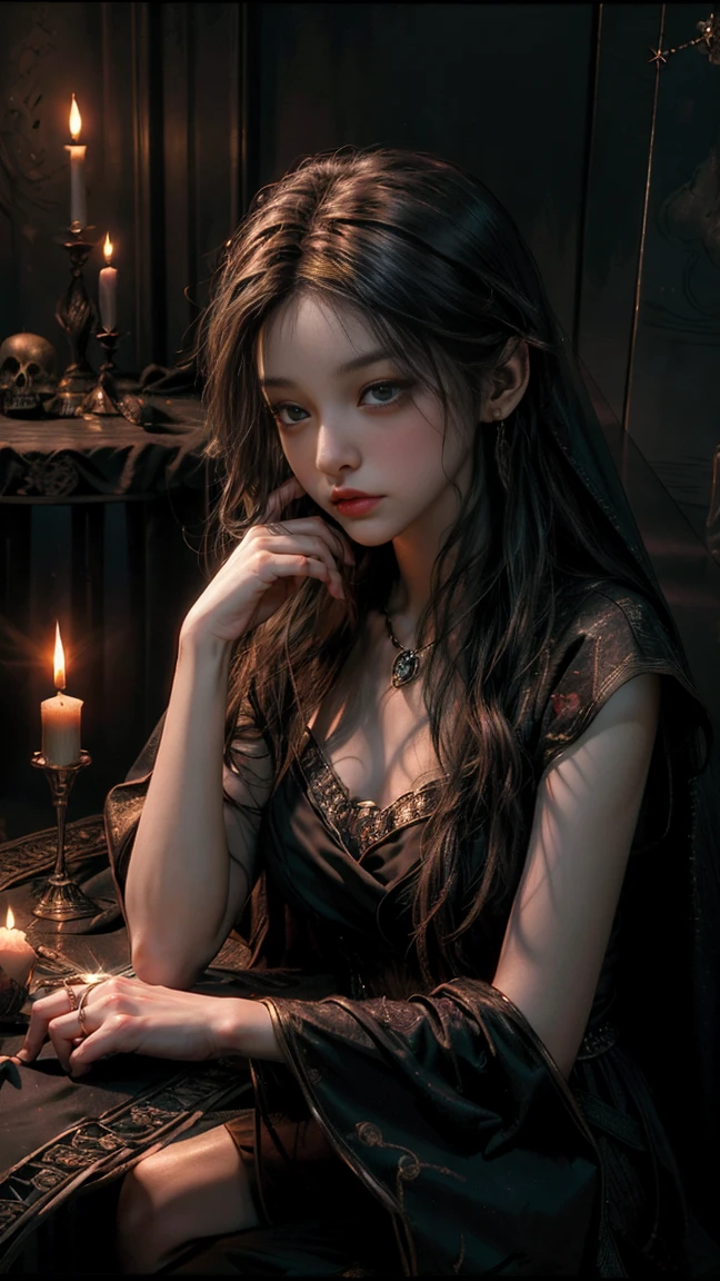 ((masterpiece, best quality, Highest image quality, High resolution, lifelike, original photo, 8K)), tarot cards, tolkien, middle earth, ((There are tarot cards on the table:1.5)), (Veiled fortune teller:1.5), 8K, Very detailed, surreal, movie lighting, ambient lighting, Bridget, as a fortune teller, long, messy blonde hair, earring, collar, necklace, jewelry, ring, dark lipstick, dark makeup, Island, Sit in the back! one table, one! Celestial objects on the fortune teller&#39;s table, one! skull on table, Candle, In a dark medieval room, 