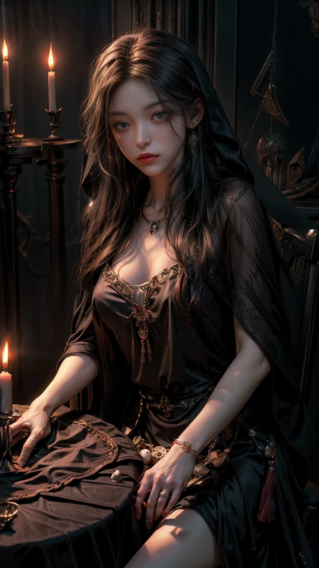 ((masterpiece, best quality, Highest image quality, High resolution, lifelike, original photo, 8K)), tarot cards, tolkien, middle earth, ((There are tarot cards on the table:1.5)), (Veiled fortune teller:1.5), 8K, Very detailed, surreal, movie lighting, ambient lighting, Bridget, as a fortune teller, long, messy blonde hair, earring, collar, necklace, jewelry, ring, dark lipstick, dark makeup, Island, Sit in the back! one table, one! Celestial objects on the fortune teller's table, one! skull on table, Candle, In a dark medieval room,