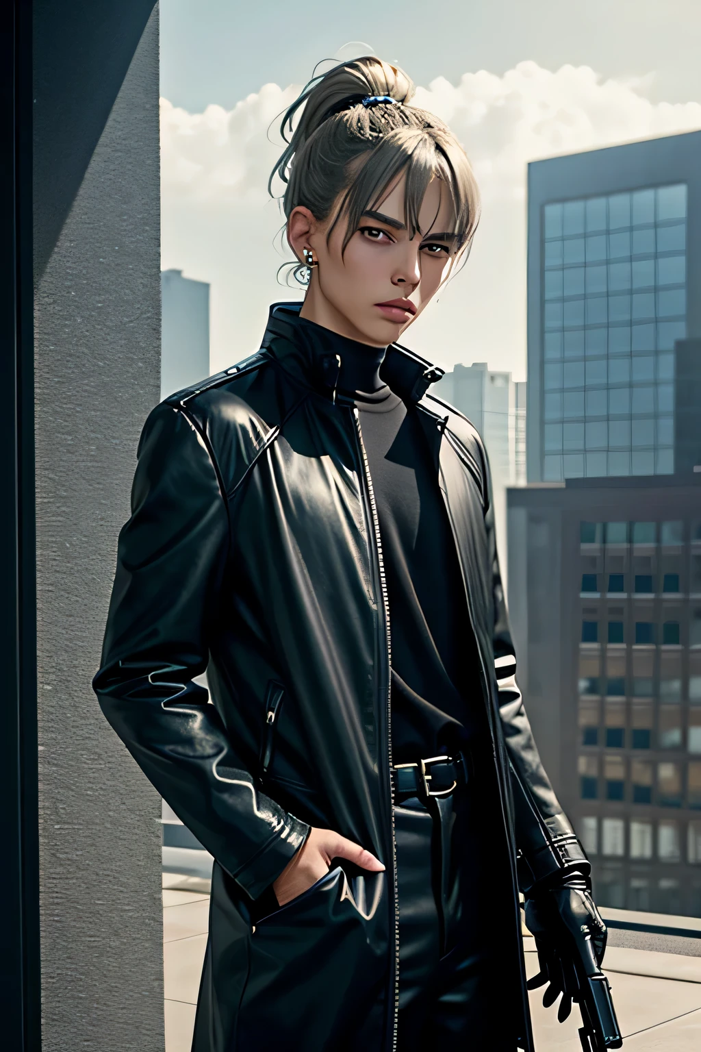 highres,best quality, the anime boy is looking at something, in the style of gothcore, light leaks, relatable personality, caninecore, photo-realistic techniques, shiny/glossy, everyday life, 1 boy, grey eye, return, bangs, bare shoulders, black gloves, blue cylon eyes, holding the gun, earrings, fingerless gloves, gloves, gray hair, holding, Jacket, jewelry, short hair, looking ahead, nail polish, off shoulder, night city background, ponytail, greyJacket, alone, Upper body, secret agent,(shiny skin),(masterpiece:1.4),(highest quality:1.4), anime boy in white jacket, with short hair and ears standing in front of bushes, fuul body, standing on top of the house,