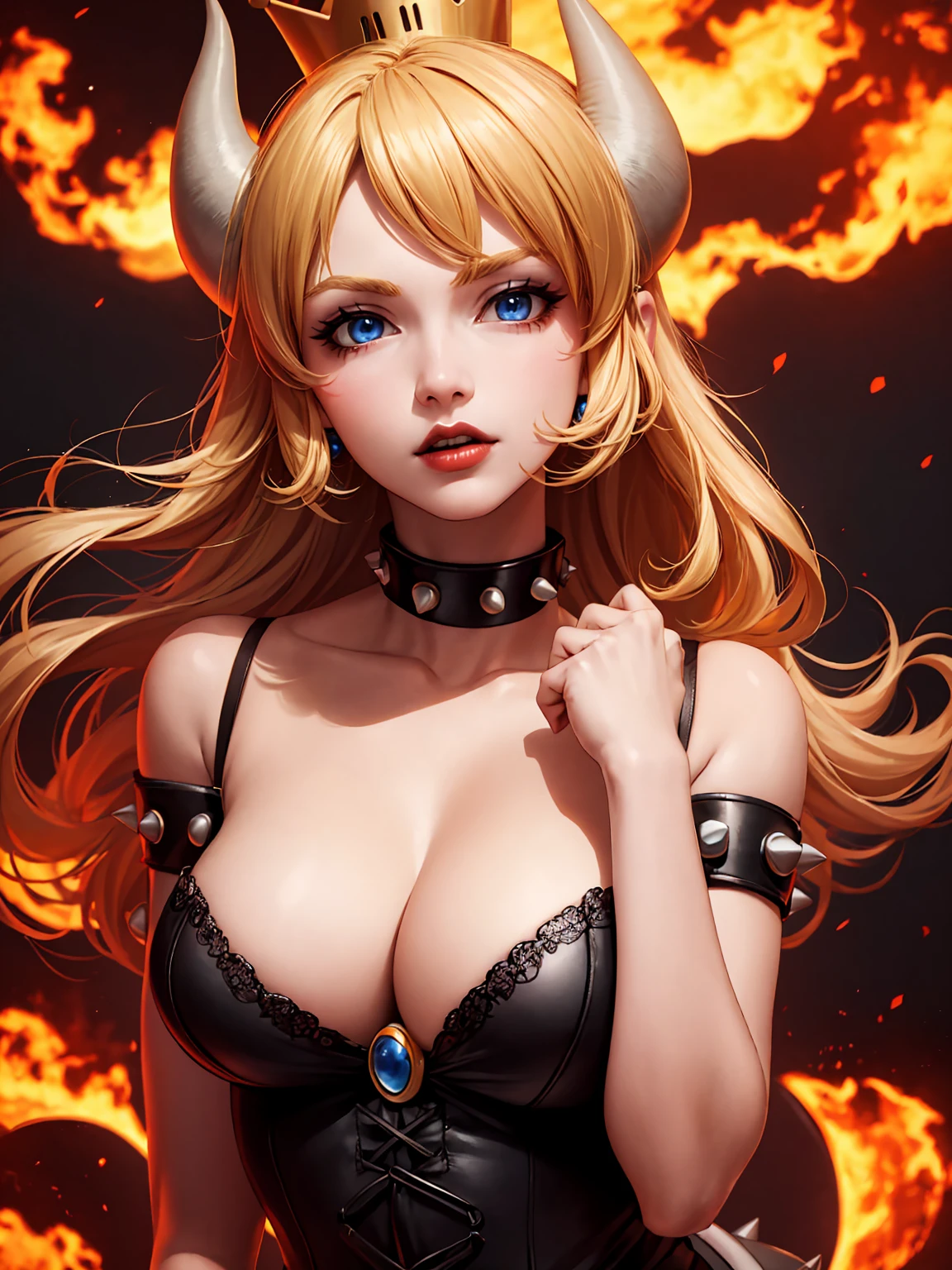 ((high detailed, best quality, 4k, masterpiece, hd:1.3)), ((best quality)), (((HD))), (((8k))), (ultraDH), (ultra HD), Princess Daisy, blue eyes, BREAK blue eyes, seductive, attractive, smooth anime cg art, 36C breasts, long legs, vivid colors, detailed digital art, slim body, perfect skin, dark blonde hair, long hair, blonde hair, blonde hair, BREAK crown, cleavage, 36C cleavage, looking at viewer, BREAK looking at viewer, extremely detailed face, red santa suit, red santa claus suit, santa claus suit, earrings, gem, dark black makeup lips, dark gothic eyeshadows, dark eyeshadows, black eyeshadows, black sexy lips, black lips, (dark:1.2), dark lips, very dark lips, (perfect hands, perfect anatomy), black makeup, black medium lips, black thick lips, detailed fingers, five fingers per hand, 5 fingers, (1 girl), detailed lips, detailed black lips, black painted lips, gothic painted lips, BREAK night, night sky, (breast focus), (arms outstreched:1.2), (from above:1.1), (breasts out:1.3), (off shoulder:1.1), (white horns), (bra), inside a lava castle, she inside a sea of lava, she bathing in lava,