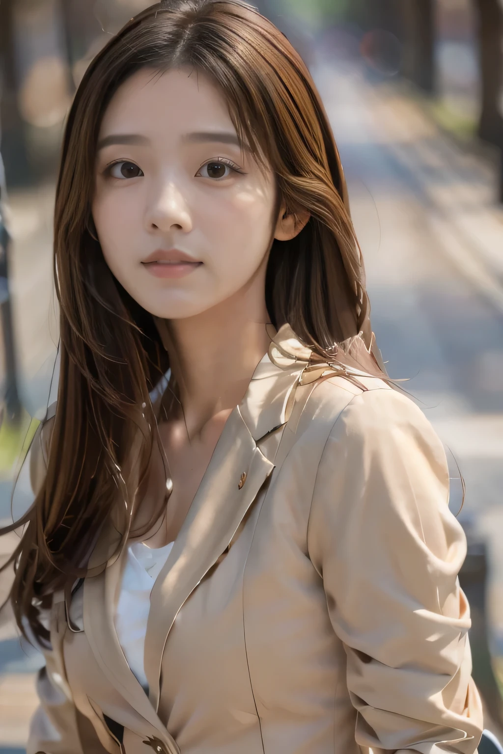 masterpiece, highest quality, Photoreal, Super detailed, finely, High resolution, 8k wallpaper, Professional, Advanced level of detail, ((One female college student:1.2)), Slender Japanese women,, detailed clavicle, Medium chest、perfect face, (Front facing:1.2)、medium long hair, chestnut hair、(Beige suit:1.5)、cute face、(looking straight ahead:1.5)、(brown skin:1.5)、full body shot

