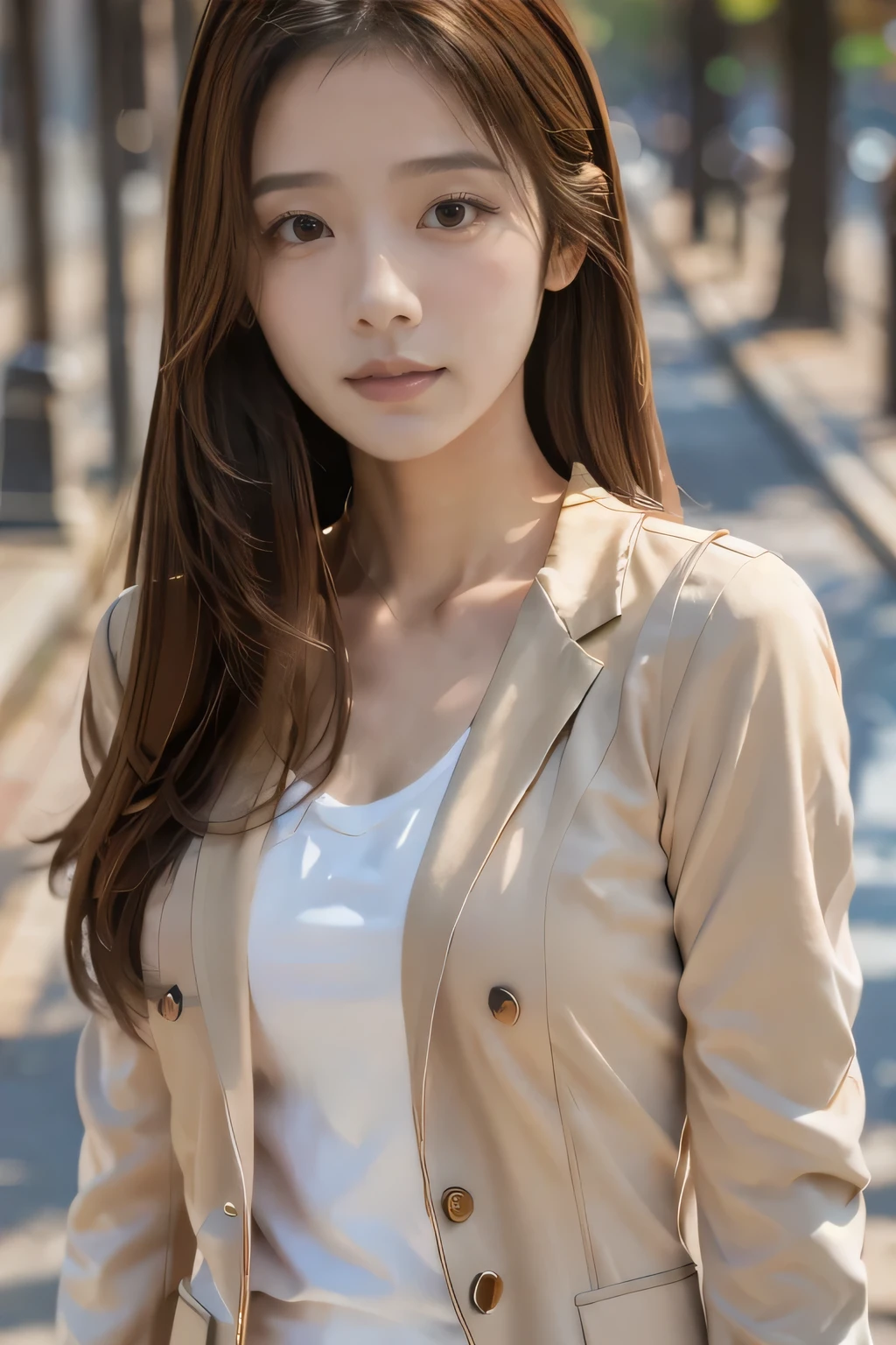 masterpiece, highest quality, Photoreal, Super detailed, finely, High resolution, 8k wallpaper, Professional, Advanced level of detail, ((One female college student:1.2)), Slender Japanese women,, detailed clavicle, Medium chest、perfect face, (Front facing:1.2)、medium long hair, chestnut hair、(Beige suit:1.5)、cute face、(looking straight ahead:1.5)、(brown skin:1.5)、full body shot