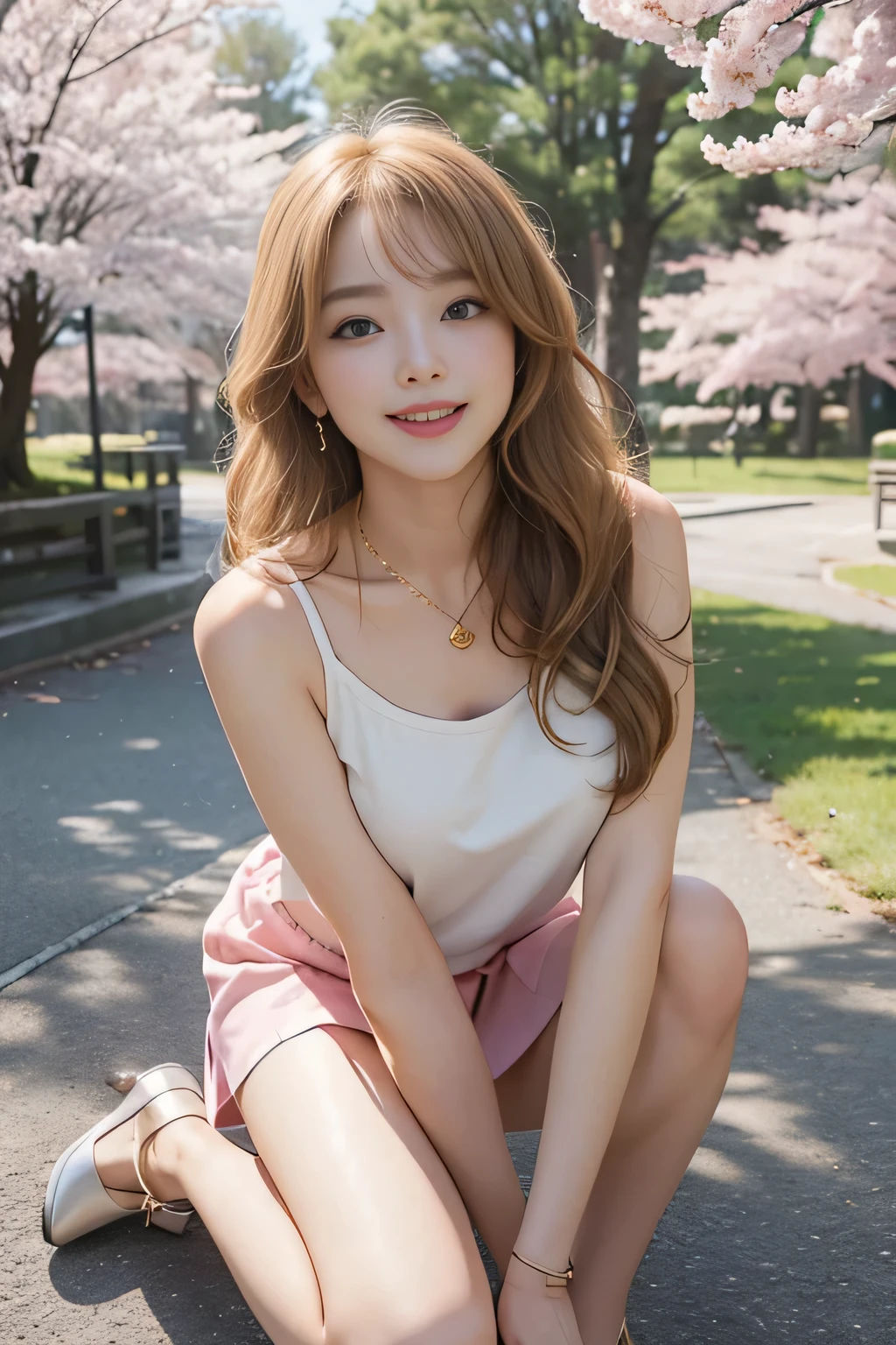 highest quality、masterpiece、ultra high resolution、Photoreal、Raw photo、1 girl、sexy look、shoulder hair、The bottom half is curled and sauvage、cute smile like a model、frontage、hair color is blonde、pink tight mini skirt、normal high heels、eyes are double、wear mascara、Cute pose like a model、cute face、Gorgeous like a model、ultimate beauty、cute smile、bright smile、Masseter muscle part、highest quality、Wear a 10g pure gold pendant top necklace around your neck.。.、sunny day、photo shoot、sexy、Under the cherry blossoms in full bloom at Nishi Park in Fukuoka City、perfect eyes and nose