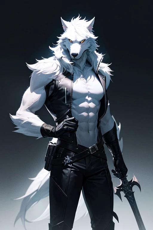 A white werewolf wearing a leather suit holding his large black two-handed sword, Finding yourself in a place full of darkness with no light at all, There is no being of the stars that are in the dark sky.