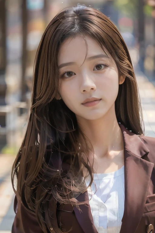 masterpiece, highest quality, Photoreal, Super detailed, finely, High resolution, 8k wallpaper, Professional, Advanced level of detail, ((One female college student:1.2)), Slender Japanese women,, detailed clavicle, Medium chest、perfect face, (Front facing:1.2)、medium long hair, chestnut hair、(brown suit:1.5)、cute face、(looking straight ahead:1.5)、(brown skin:1.5)、whole body