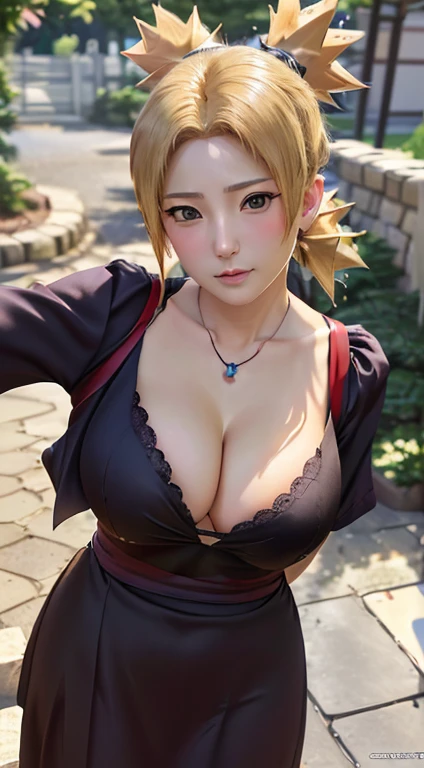 real image、8K, Nara Temari、(slanted eyes)、(double eyelid)、((big breasts)), (cleavage), clavicle,((Tsun Costume)), (White square neck shirt), (紺colorのフレアパンツ)、(tsun necklace), young woman, blonde、short ponytail、attractive appearance, looking at the viewer, konoha village, outdoor, daytime, (full body shot), (very detailed, beautiful detailed face, masterpiece, beautiful detailed eyes, highest quality), huge breasts, ((魅惑的な笑face)), 超High resolution,4k,Super detailed, photo shoot, 8K, HDR, High resolution, (confused:1.2), kodak portrait 400, film grain, blurred background, (Bokeh:1.2), Lens flare, (lively_color:1.2),professional photos, (beautiful_face:1.5), ,(((cast 1.3))),(((Squeeze your elbows,I feel like my chest is being squeezed)))、lace bra