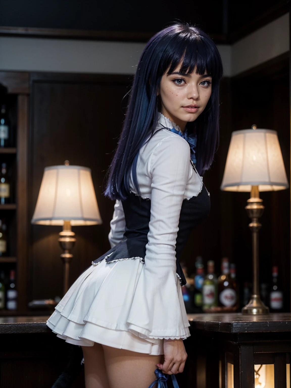 (1 lady), The beautiful, (Best quality at best:1.4), (ultra - detailed), (extremely detailed CG unified 16k), blue hair, very detailed, High-definition RAW color photo, professional photoshooting, amazing face and eyes, cosmetics, (amazingly beautiful girl), ((frederica bernkastel)), ((dress, tail bow, purple hair, bowtie, cat tail, socks)), standing, sexyposture,(Dark and stylish bar, drinks, lamp lights, lamp lights:1.3), (look from down), realistic cinematic face, realistic purple eyes, solid pupils, head to feet long wide zoomed out view, full body long view , photorealistic, ((realistic deep blue hair style, honey eyes)), gorgeous, extremely beautiful face, perfect model beauty, pout mouth, flirting smile, cleavages, city girl, western, shopping in the city, (masterpiece), best quality, high resolution, extremely detailed, blurred background, depth of field, cinematic lighting, amazing legs, high heels, clear and well-cared skin