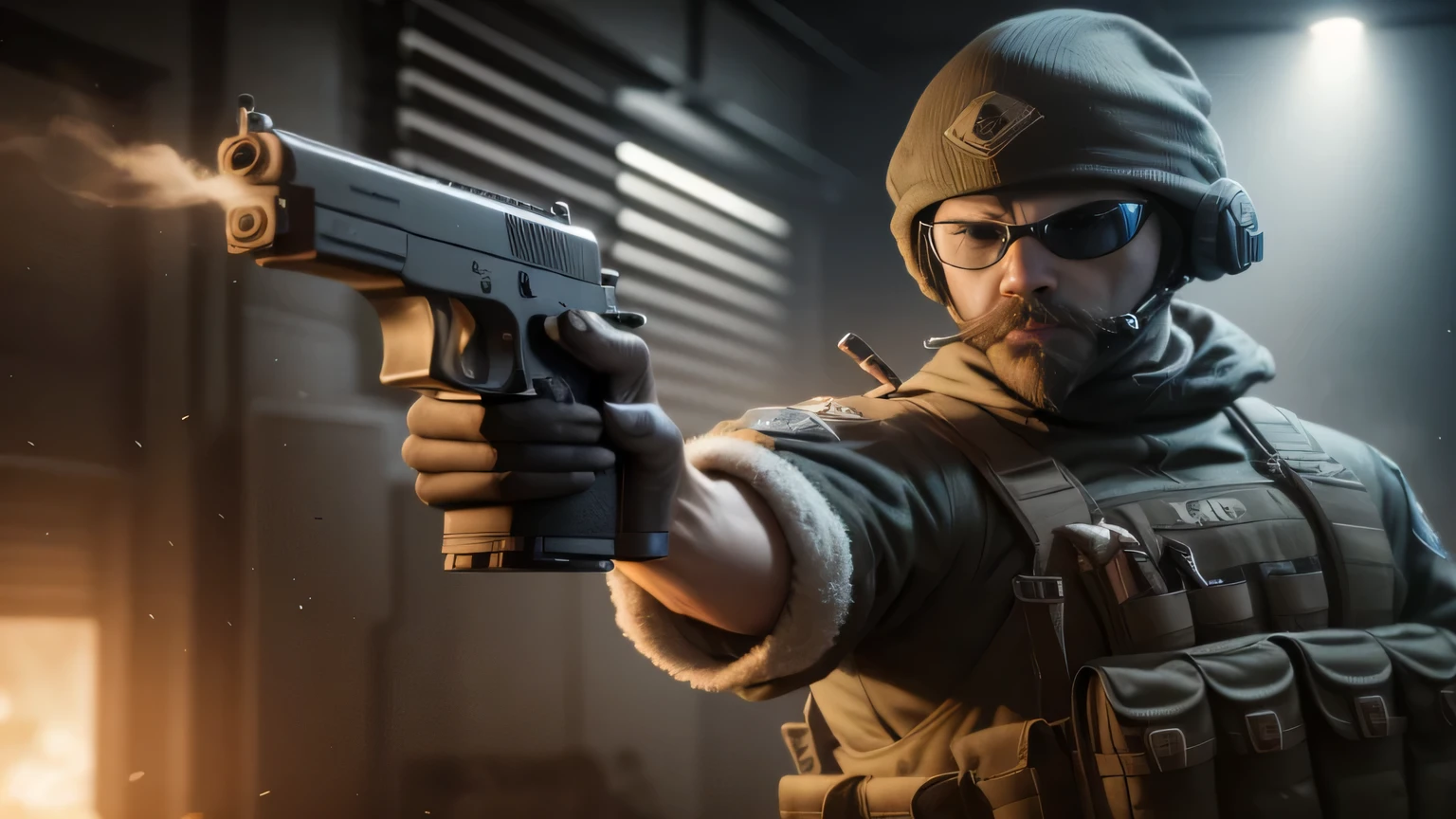 arafed soldier with a gun in a dark room, rb 6 s, rb6s, cs:go screenshot, rb6s), fps shooter game, counter strike, fps game, masterpice, a soldier aiming a gun, no mask, a man face with beard, cigarette in mount, muzzle flash, warzone background, 4k post, 4 k post, hq 4k wallpaper