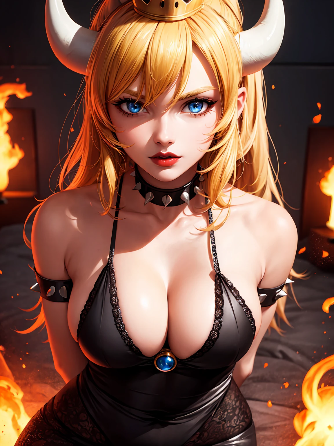 ((high detailed, best quality, 4k, masterpiece, hd:1.3)), ((best quality)), (((HD))), (((8k))), (ultraDH), (ultra HD), Princess Daisy, blue eyes, BREAK blue eyes, seductive, attractive, smooth anime cg art, 36C breasts, long legs, vivid colors, detailed digital art, slim body, perfect skin, dark blonde hair, long hair, blonde hair, blonde hair, BREAK crown, cleavage, 36C cleavage, looking at viewer, BREAK looking at viewer, extremely detailed face, red santa suit, red santa claus suit, santa claus suit, earrings, gem, dark black makeup lips, dark gothic eyeshadows, dark eyeshadows, black eyeshadows, black sexy lips, black lips, (dark:1.2), dark lips, very dark lips, (perfect hands, perfect anatomy), black makeup, black medium lips, black thick lips, detailed fingers, five fingers per hand, 5 fingers, (1 girl), detailed lips, detailed black lips, black painted lips, gothic painted lips, BREAK night, night sky, (breast focus), (arms outstreched:1.2), (from above:1.1), (breasts out:1.3), (off shoulder:1.1), (white horns), (bra), inside a lava castle, she inside a sea of lava, she bathing in lava,