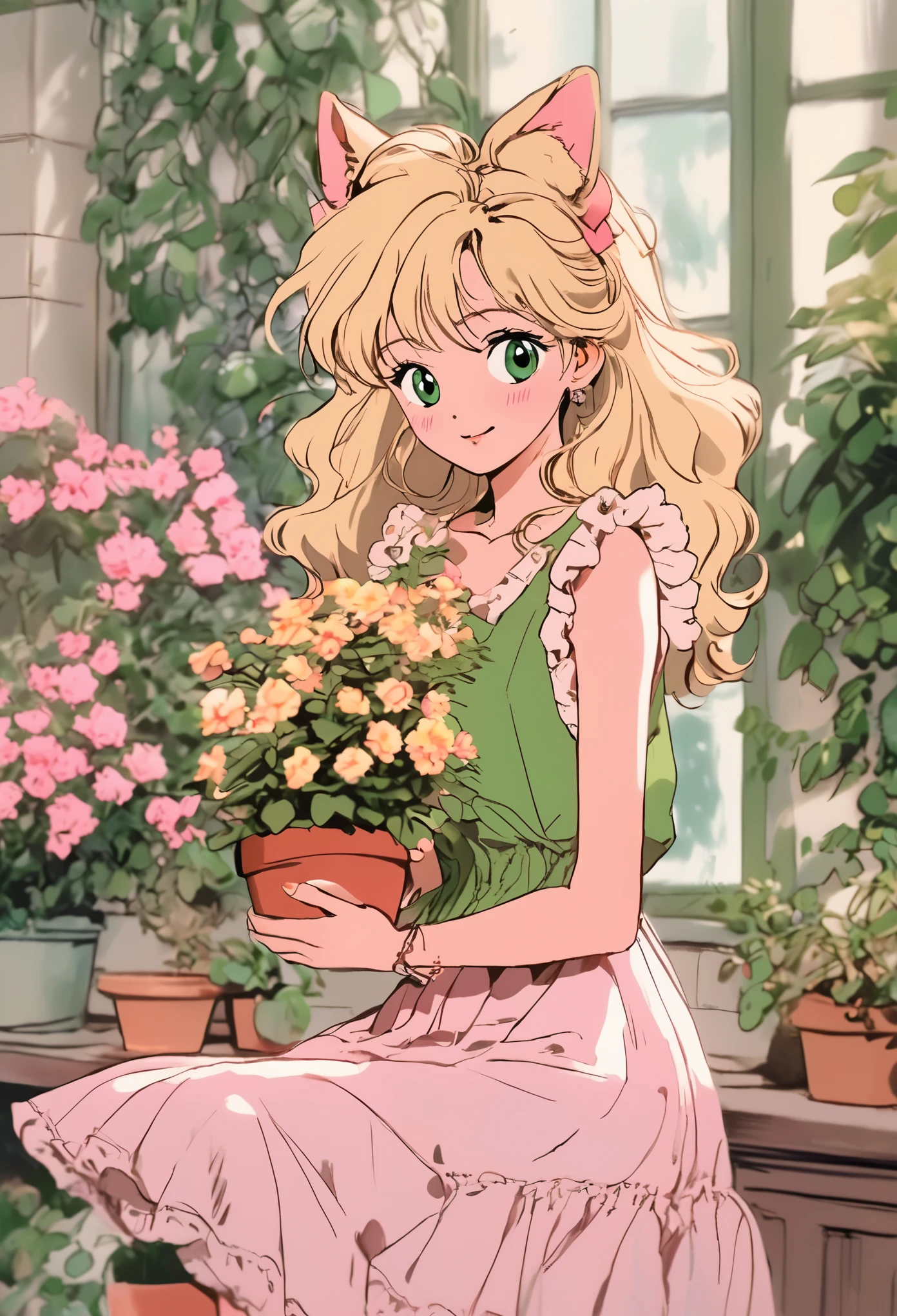城市猎人漫画style,Hojo Tsukasa Comic Art,1 girl, :D, animal ear hair, Animal ears, Bangs, black hairbanD, blonDe hair, vague, vague backgrounD, Depth of fielD, Dress, flower, flower pot, frilleD Dress, decorate, green Dress, green eyes, hairbanD, holDing, long hair, open mouth, pink flower, plant, potteD plant, sketch, sleeveless, sleeveless Dress, Smile, alone, Tail, wrist cuffs, yellow flower, 1980s (style),8k,masterpiece,Super fine,Rich details,Realistic ray tracing,OC rendererst-person perspective