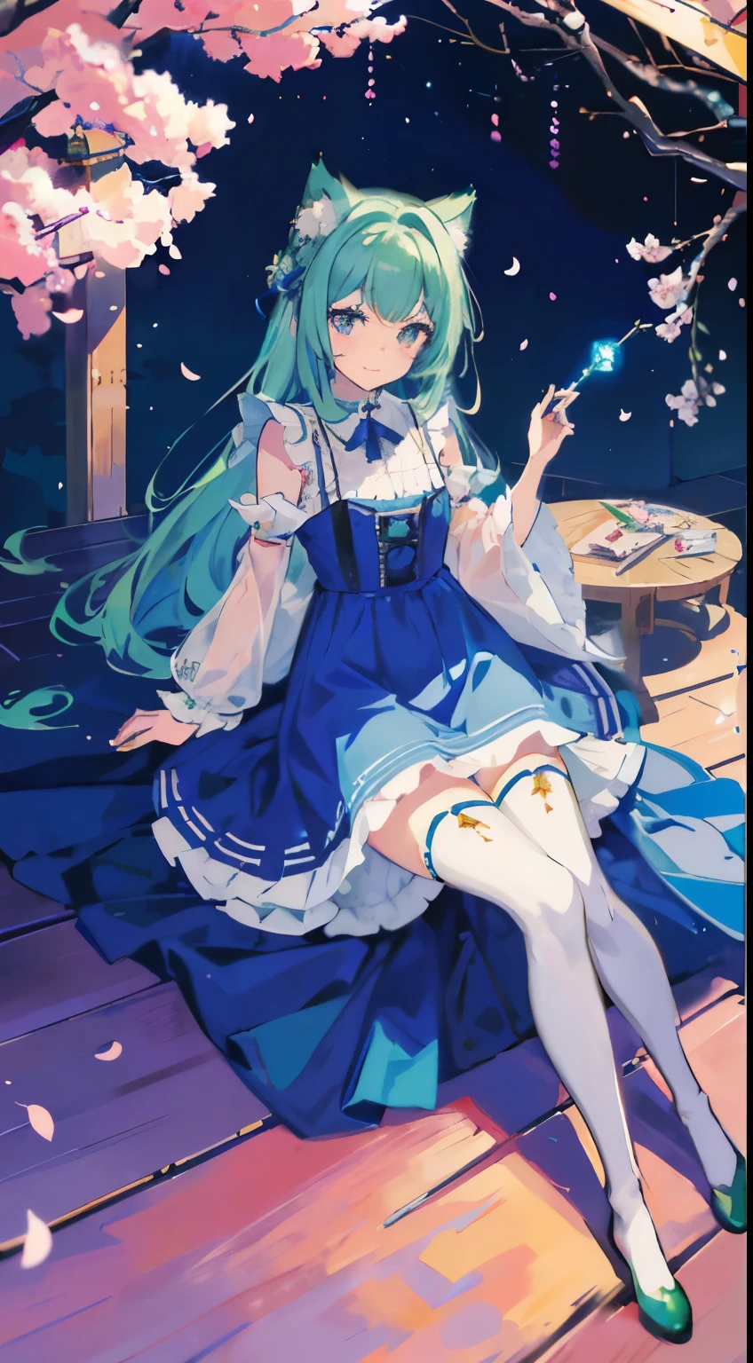 ((table top, highest quality: 1.1), ((Anime girl in a blue dress with a magic wand)), art nouveau、Anime cat girl in maid outfit, , ((Green hairs))、long haired person、((Eyes that shine like jewels, long eyelashes, and transparency))、Very Beautiful Anime Neko Musume, anime cat girl, ((white knee highs)), charming cat girl, Cherry blossom viewing under the cherry trees,lying down、私nspired by Leiko 私kemura, Aya Takano color style, in ryuuou no oshigoto art style, ((Cat ear)), smile